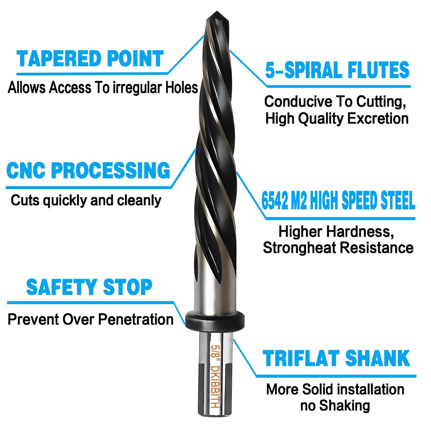 5/8” Bridge Construction Reamer Drill Bit, M2 HSS Taper Chucking Reamer for Steel Alloy Metal Wood Plastic, 1/2" Non-Slip Shank, 5-Spiral Flutes Car Reamer, to Align or Enlarge Holes, 16mm