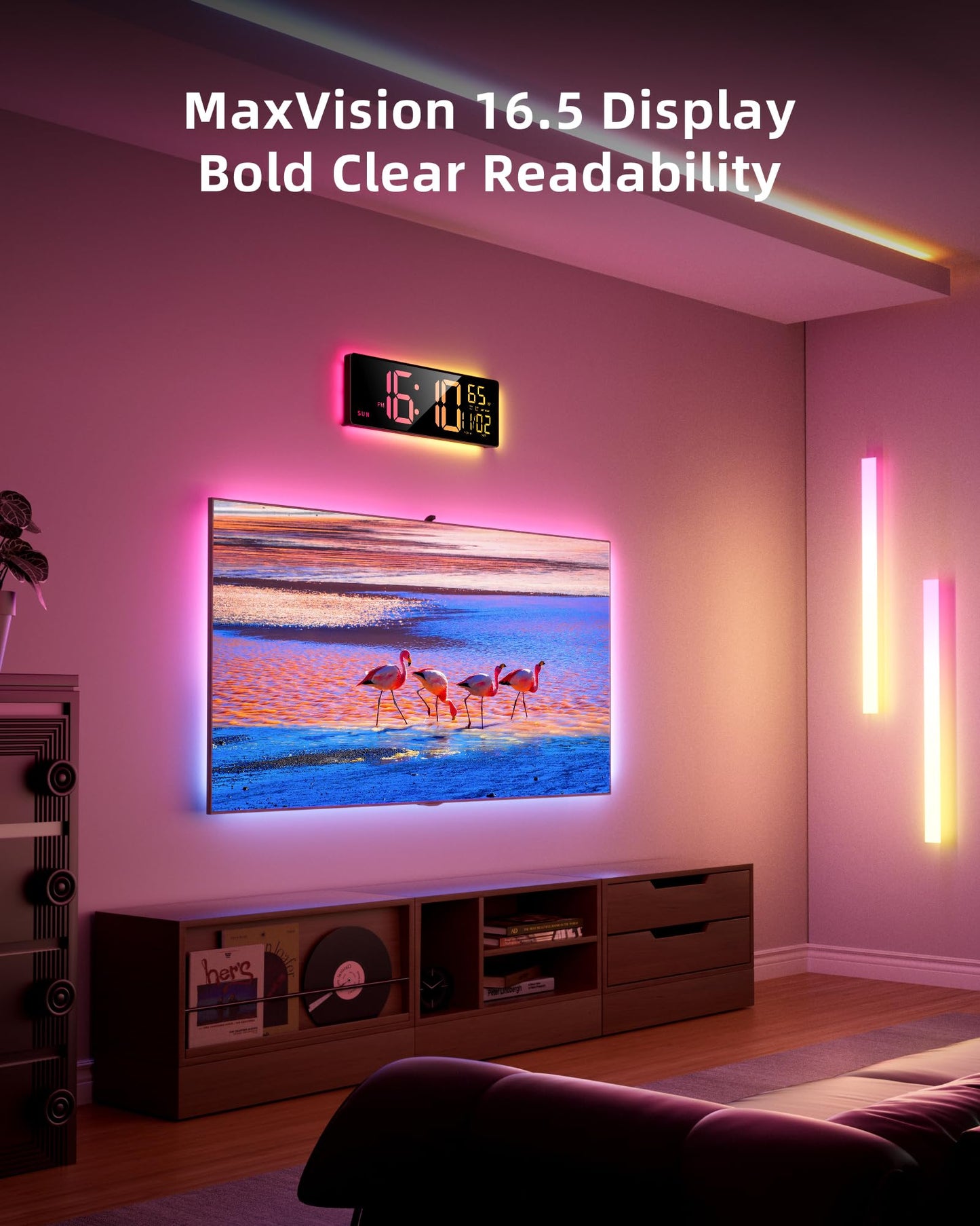EASYERA Smart Digital Wall Clock with App Control, 16.5” Large RGBIC Wall Clock with Multiple DIY Color and Music Sync, LED Display, Auto DST, Plug-in Clocks for Classroom Home Gym Gaming