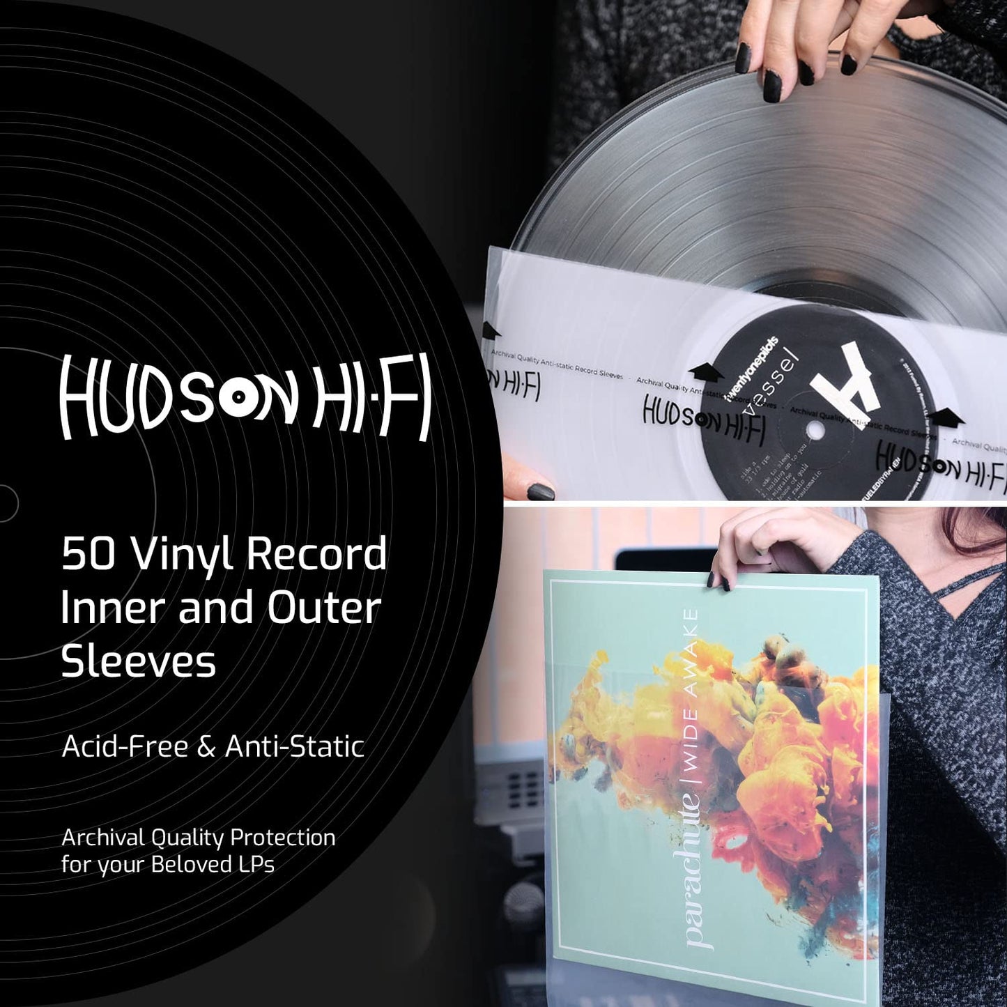Hudson Hi-Fi 50 ct. Inner Sleeves for Vinyl Records & 50 ct. Vinyl Outer Sleeves - 100 Vinyl Sleeves for Records, Clear Outer & Inner Sleeves for Vinyl Records