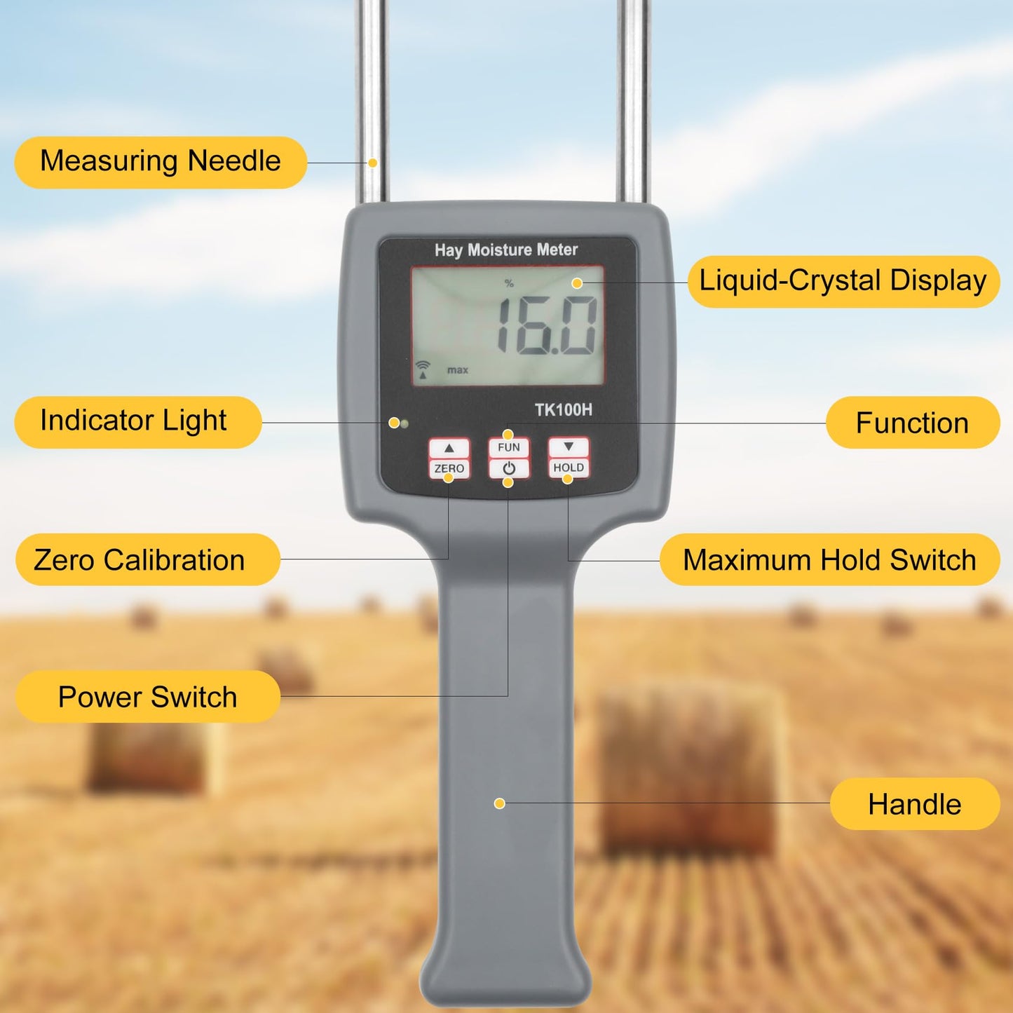 TK100H Portable Hay Moisture Tester, Precise & Fast Measurements Hay Moisture Tester With Probe, Moisture Meter Probe for Hay, Froage Grass, Leymus Chinensis, Alfalfa and Other Hays