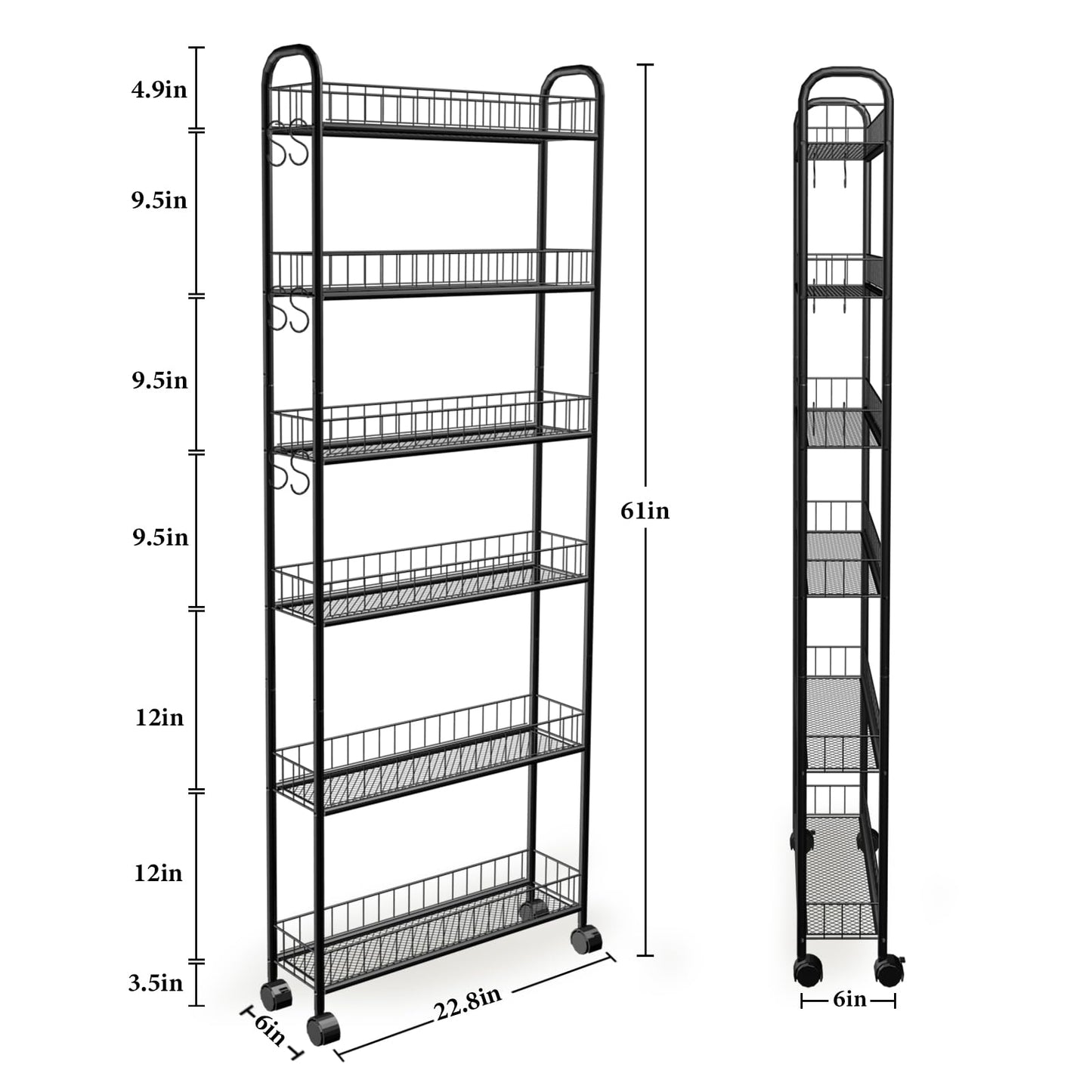 Seadasyoon 6in 6 Tier Slim Storage Cart with Wheels, Narrow Space Rolling Shelving Unit, Metal Wire Mobile Organizer Rack for Kitchen Bathroom Office Laundry