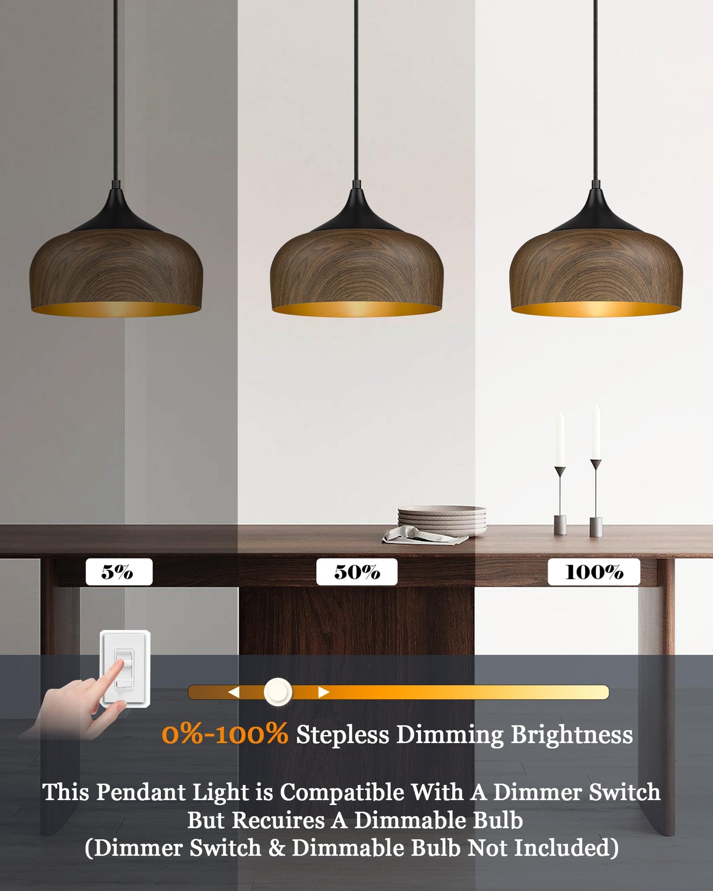 ELYONA Modern Bauhaus Pendant Light Walnut Wooden Pattern Dome Pendant Light Fixture Matte Black Metal Gold Inner Adjustable Hanging Lighting for Kitchen Island Dining Room Office Hallway Bedroom