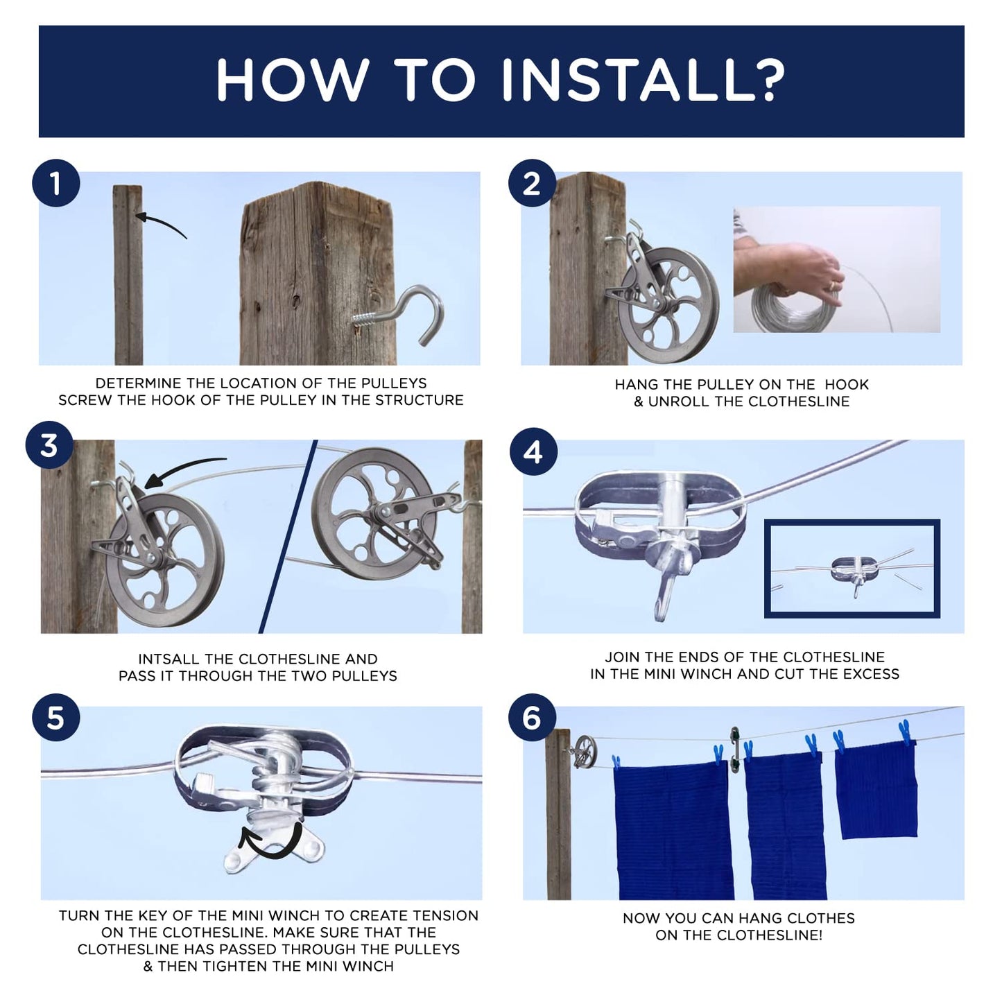 Strata Aged Bronze Harmony Clothesline Outdoor Heavy Duty Kit - 150 Feet Galvanized Wire PVC Coating, 6.5" Aged Bronze Clothesline Pulley 2pcs, Metal Mini Winch Tightener 1pc & 2 Metal Hooks