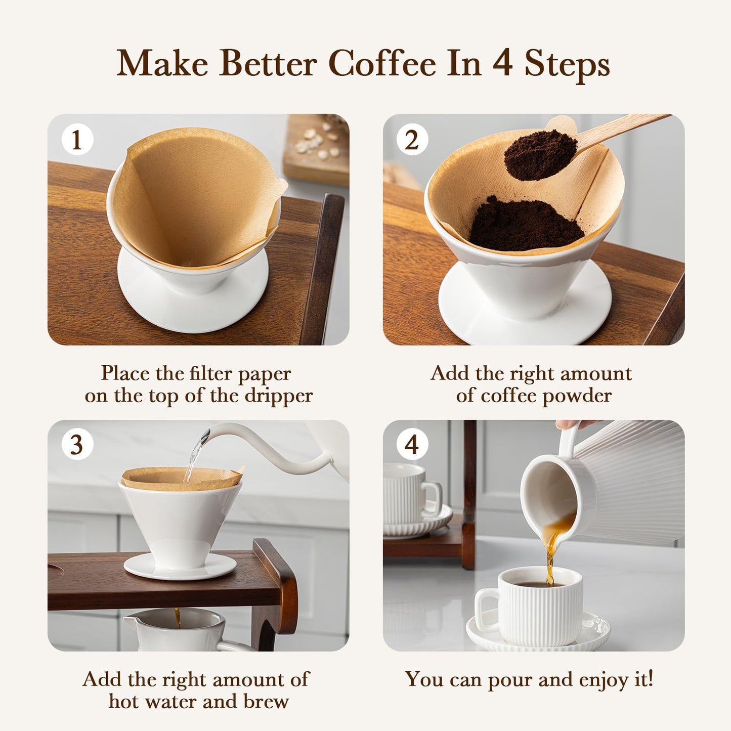 AYUCIA Pour Over Coffee Maker Set, 22OZ Ceramic Pour Over Coffee Dripper with Acacia Wood Stand and 5OZ Cups and Saucers Set of 2, Size 02