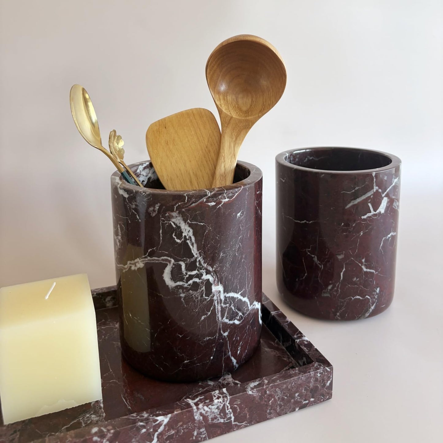 StonePlus Handmand Natural Marble with Holes Stone Vintage Kitchen Utensil Holder - 5.1" D X 6.3" H Kitchen Counter Organizers and Storage Tool Crock (Rosa Levanto Marble)