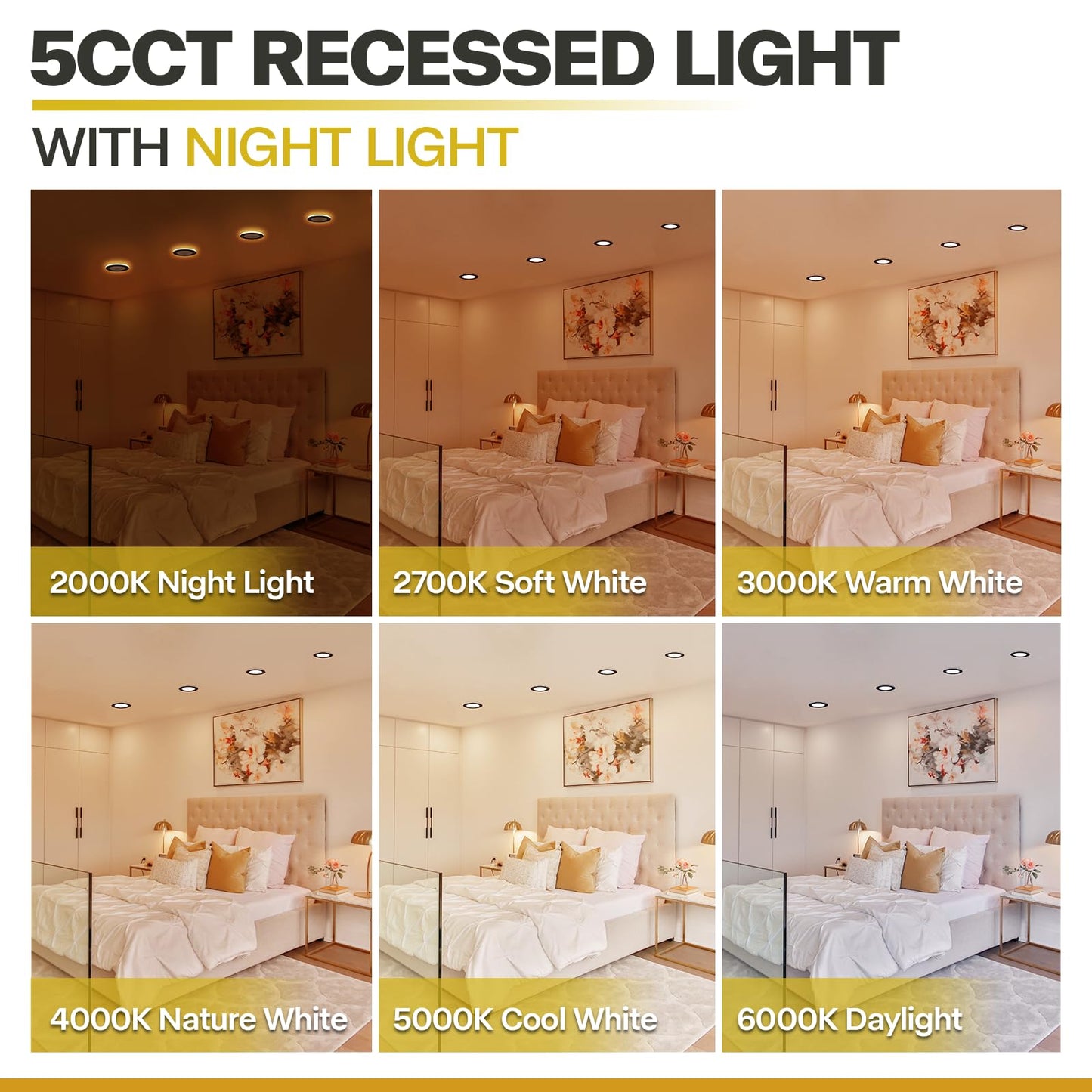 12 Pack Black Recessed Lighting 6 Inch with Night Light, 5CCT 6 Inch LED Recessed Lights 2700K-6000K Selectable, Dimmable 15W 1200LM Ultra Thin Recessed Lighting - ETL and Energy Star Certified