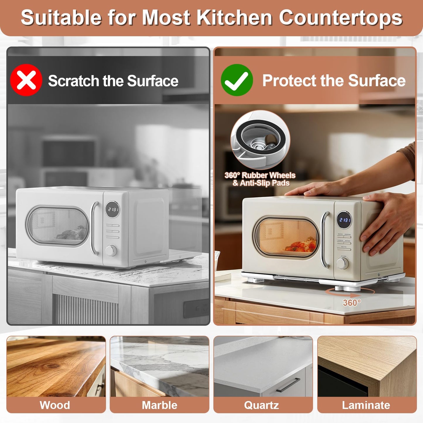 Adjustable Appliance Sliding Tray - Expandable 11" x 11"- 20" x 20" Slider Tray for Kitchen Appliances - 360° Countertop Rolling Tray with Locking Brakes for Coffee Makers