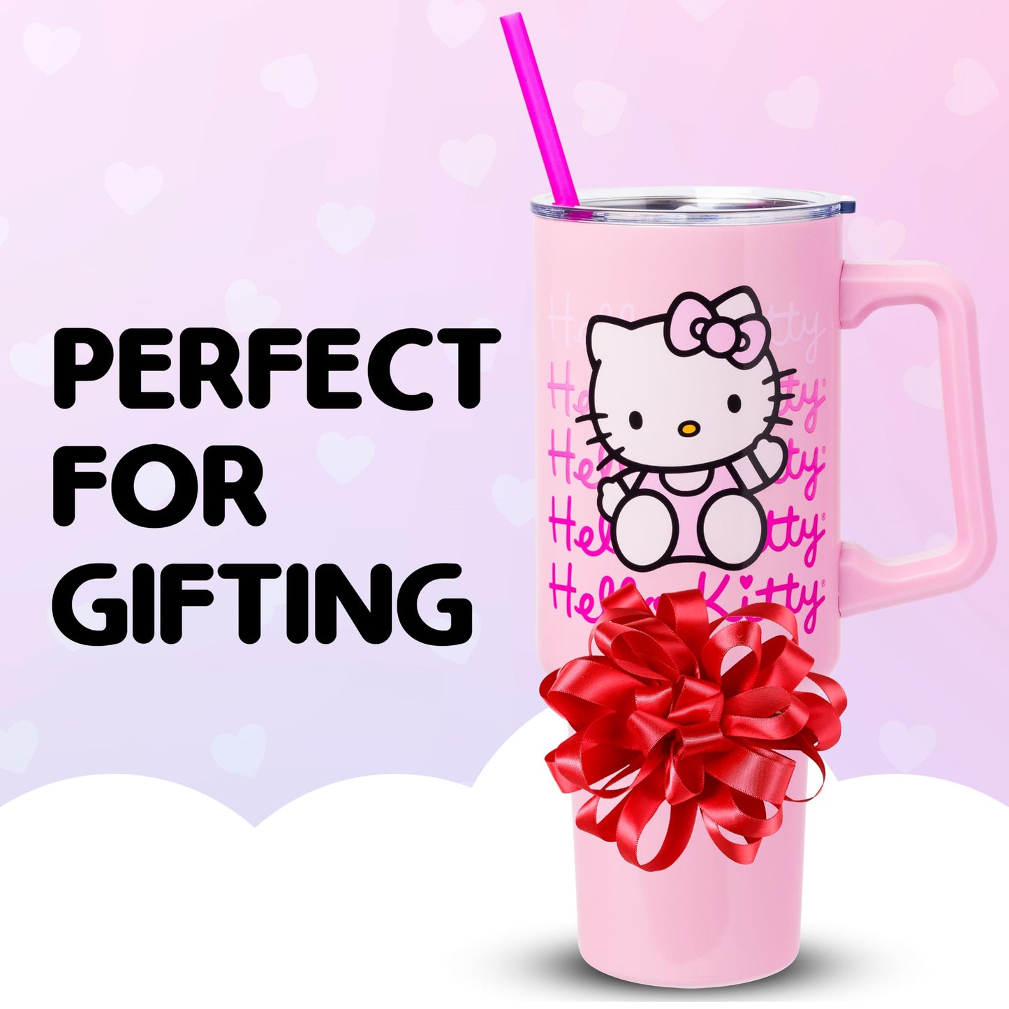Silver Buffalo Sanrio Hello Kitty Waving Double Walled Stainless Steel Tumbler with Handle and Straw, Fits in Standard Cup Holder, 40 Ounces