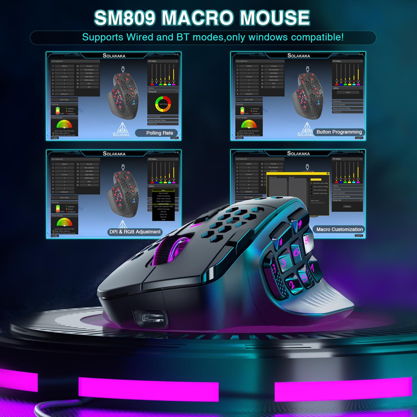 SOLAKAKA SM809 Pro Wireless MMO Gaming Mouse with 9 Side Buttons,24000 DPI,Triple Connectivity (2.4G/BT/Wired) RGB MMO Mouse for Gamer,16 Programmable Macros,Up to 350H Battery Life,Black