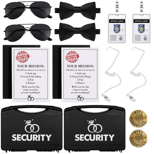 Aoriher Ring Wedding Bearer Security Set Include Ring Bearer Box Security Badge Sunglass Earpiece Bow Tie ID Badge Holder with ID Card Envelope Invitation Card for Proposal Gift(18 Pcs)