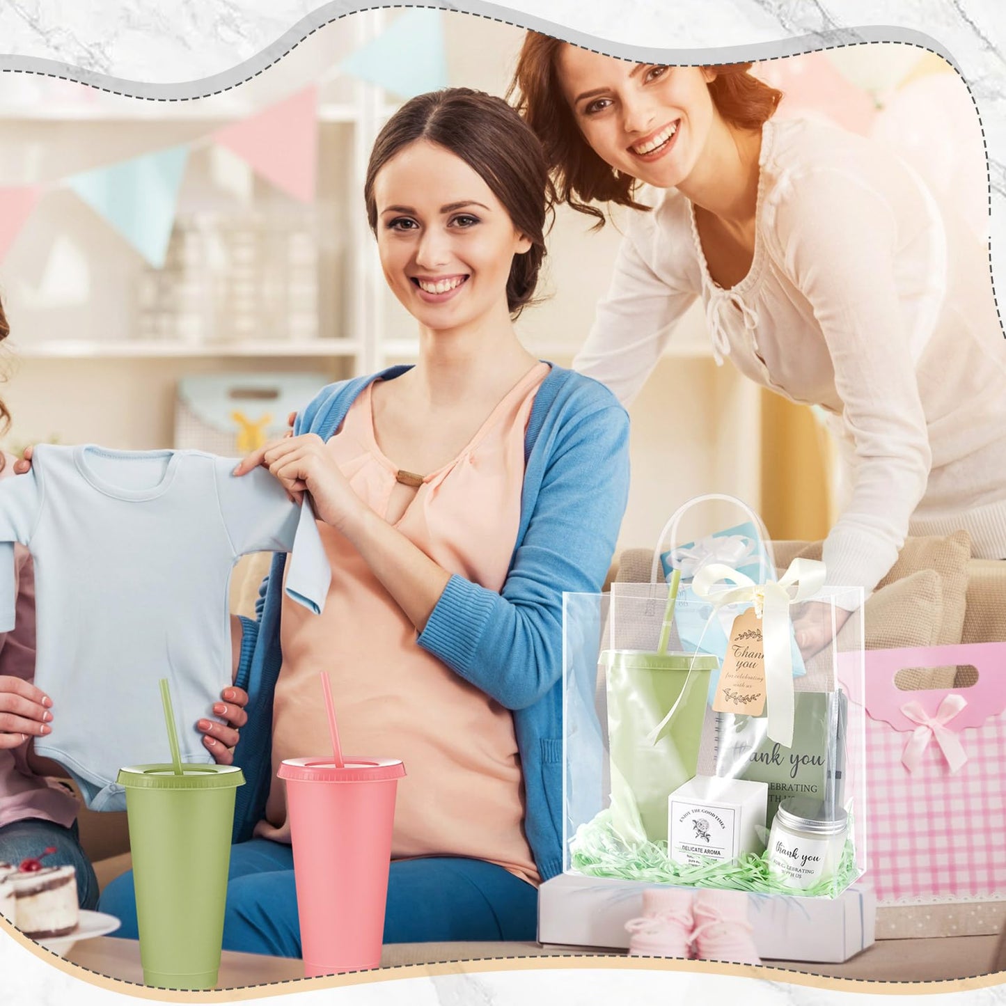 Nuogo 6 Sets New Parent Shower Prizes for Player Winners Adults Include Plastic Tumbler Notebook Scented Candles Ballpoint Pen Gift Bag, Party Player Winner Gifts (Morandi Color,Classic Style)