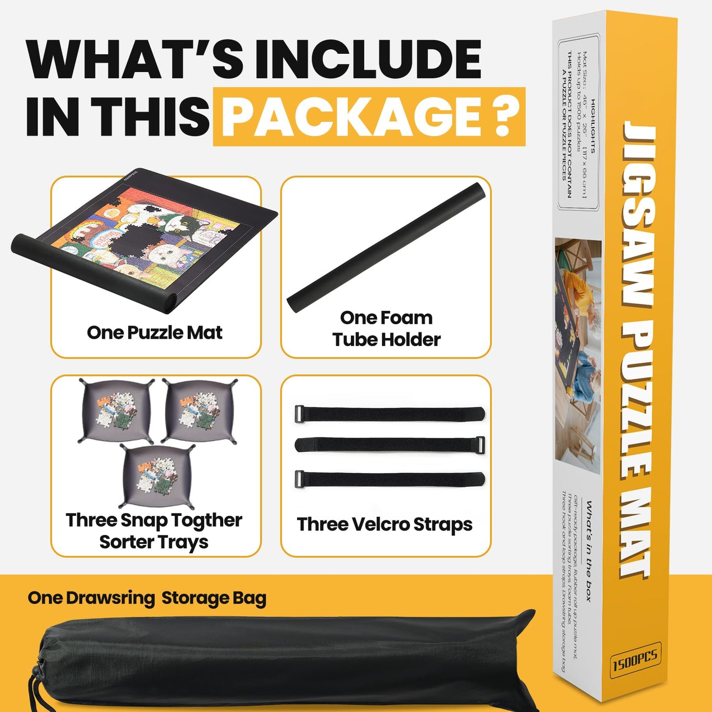 Jigsaw Puzzle Mat Roll Up, Saver Pad 46" x 26 ", with 3 Sorting Trays & Travel Storage Bag,Portable Keeper Up to 1500 Pieces with Non-Slip Rubber Bottom