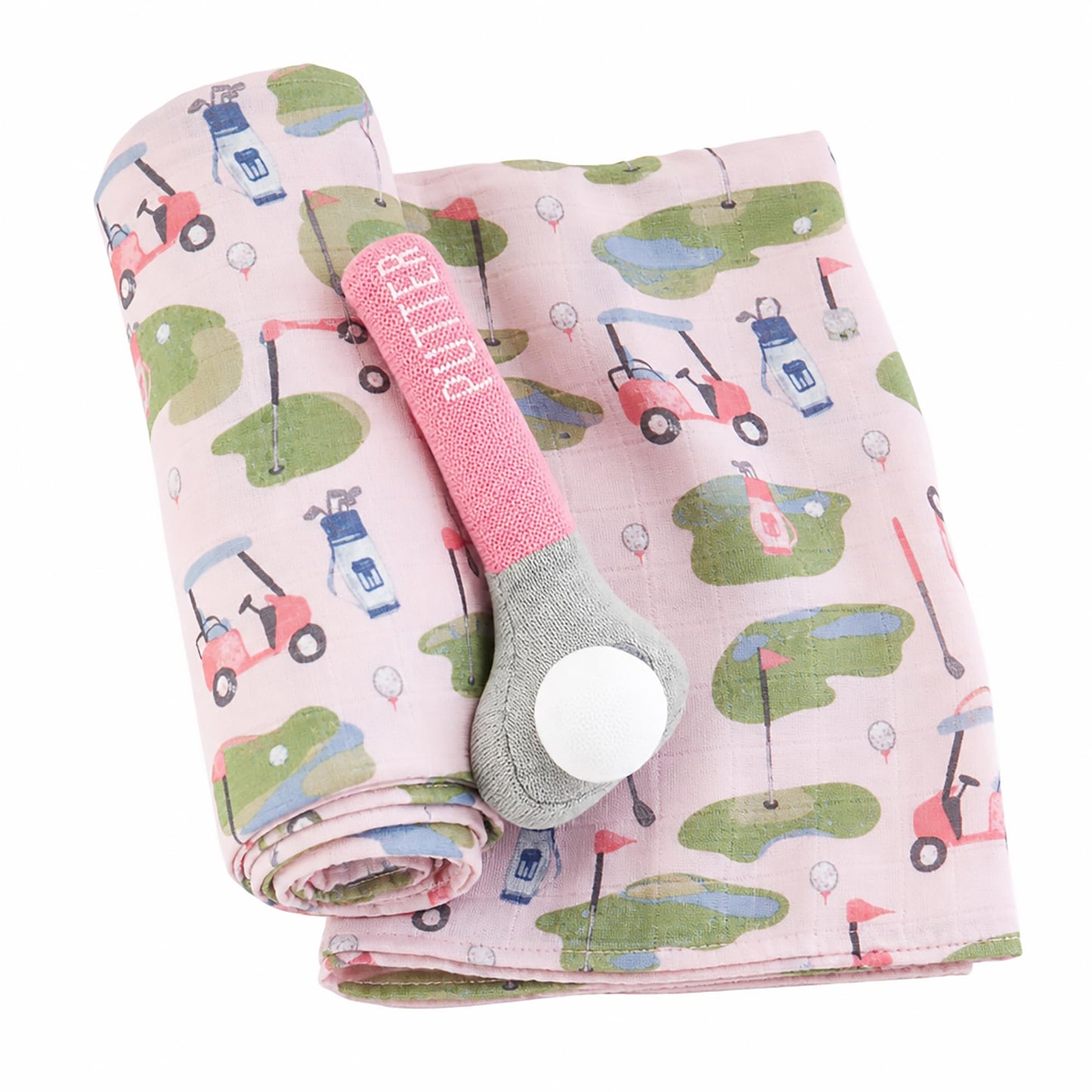 Mud Pie Pink Golf Swaddle and Rattle