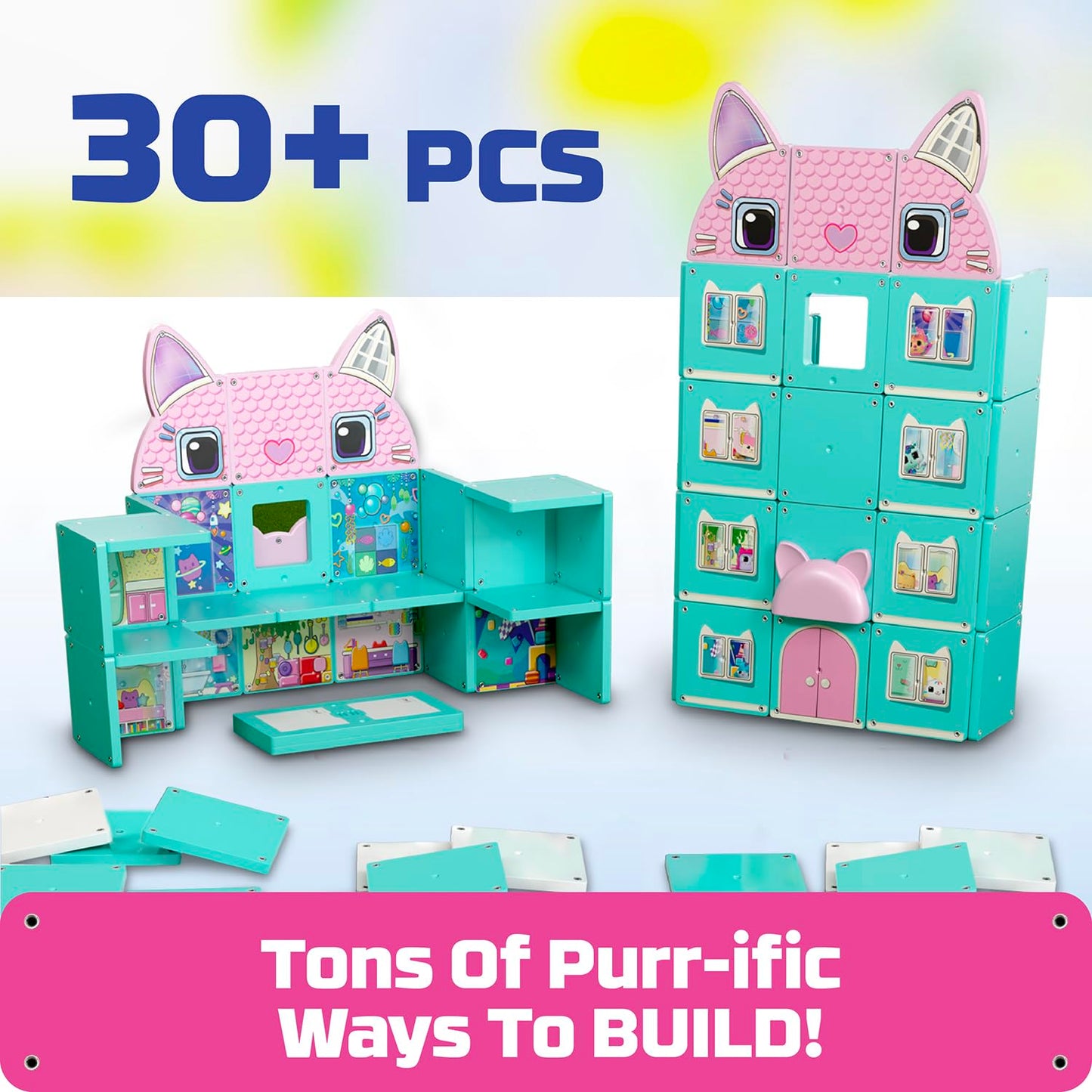 Tile Town Gabby's Dollhouse Tile Set with Gabby and Pandy Paws Figures, Magnetic Building Set, Interactive Toy, Safe and Creative Magnet Tiles, Buildable Tile Sets for Kids 3+