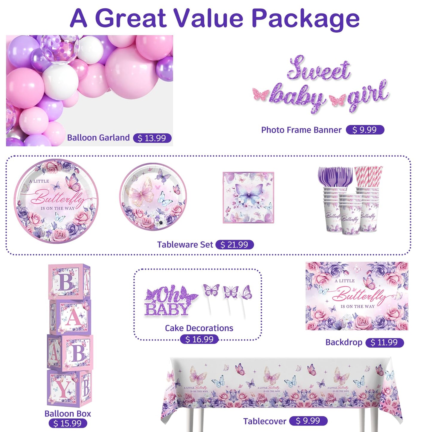 Butterfly Baby Shower Decorations Balloons Plates and Cups and Napkins Sets Purple Pink Sweet Baby Girl Baby Shower Themes A Little Butterfly is on Her Way Decorations for Girl