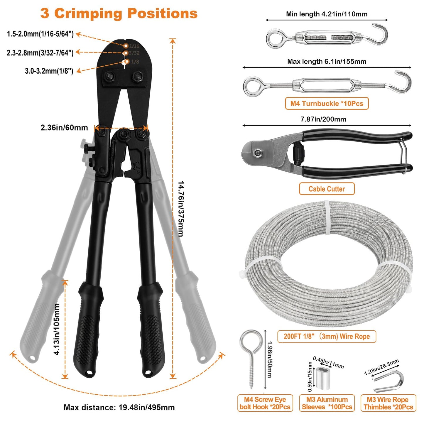 TooTaci 1/8" Stainless Steel Cable Wire Rope, 200ft Vinyl Coated Steel Cable with Wire Rope Crimping Tool & Cutter, Turnbuckles for Cables Wires, Hanging Clothes, String Lights Hanging