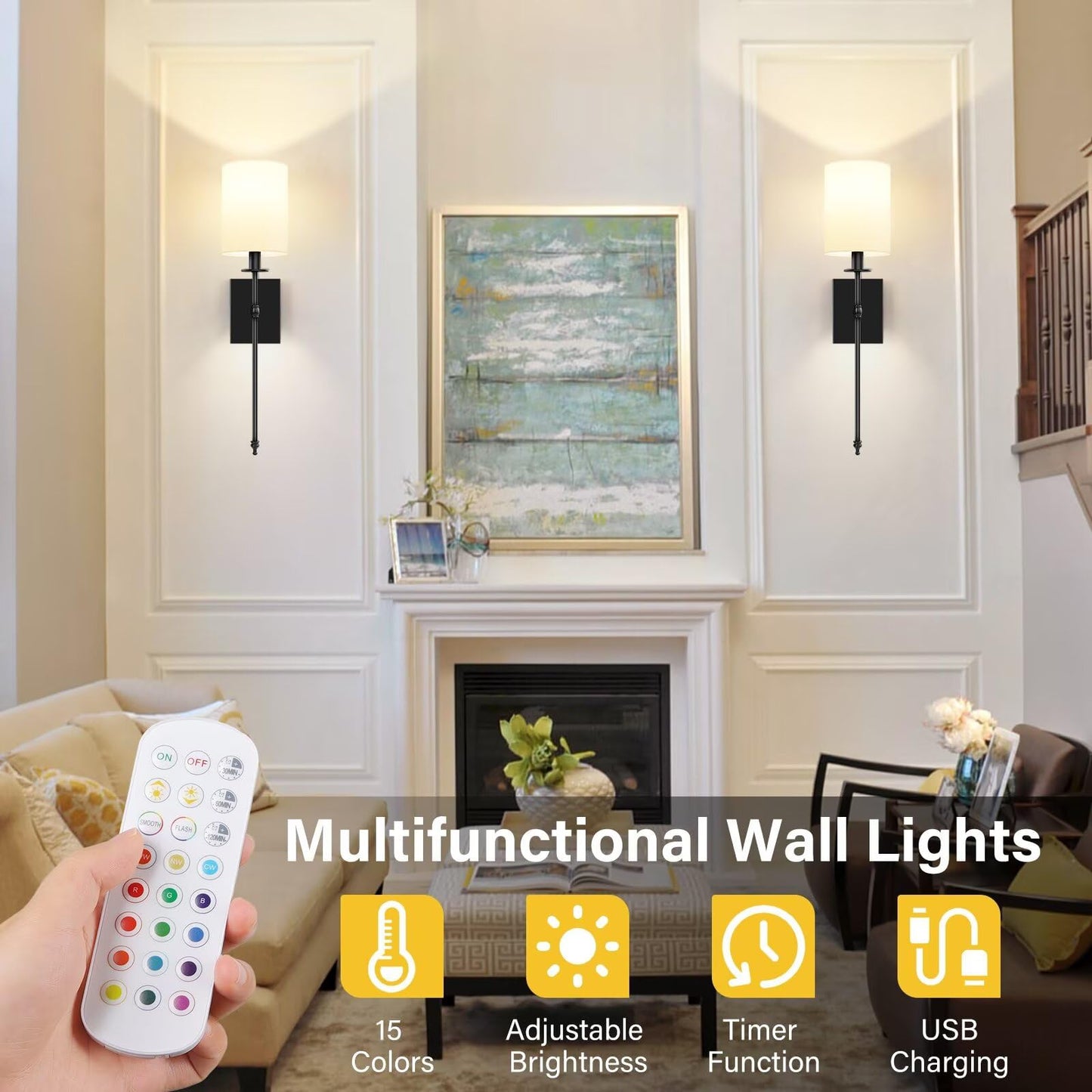 24.8 Inch Black Battery Operated Wall Sconces Set of 2, Rechargeable Wireless Wall Lights with Remote & White Fabric Shade, Indoor Not Hardwired Dimmable Wall Lamps for Bedroom, 2 Bulbs Included