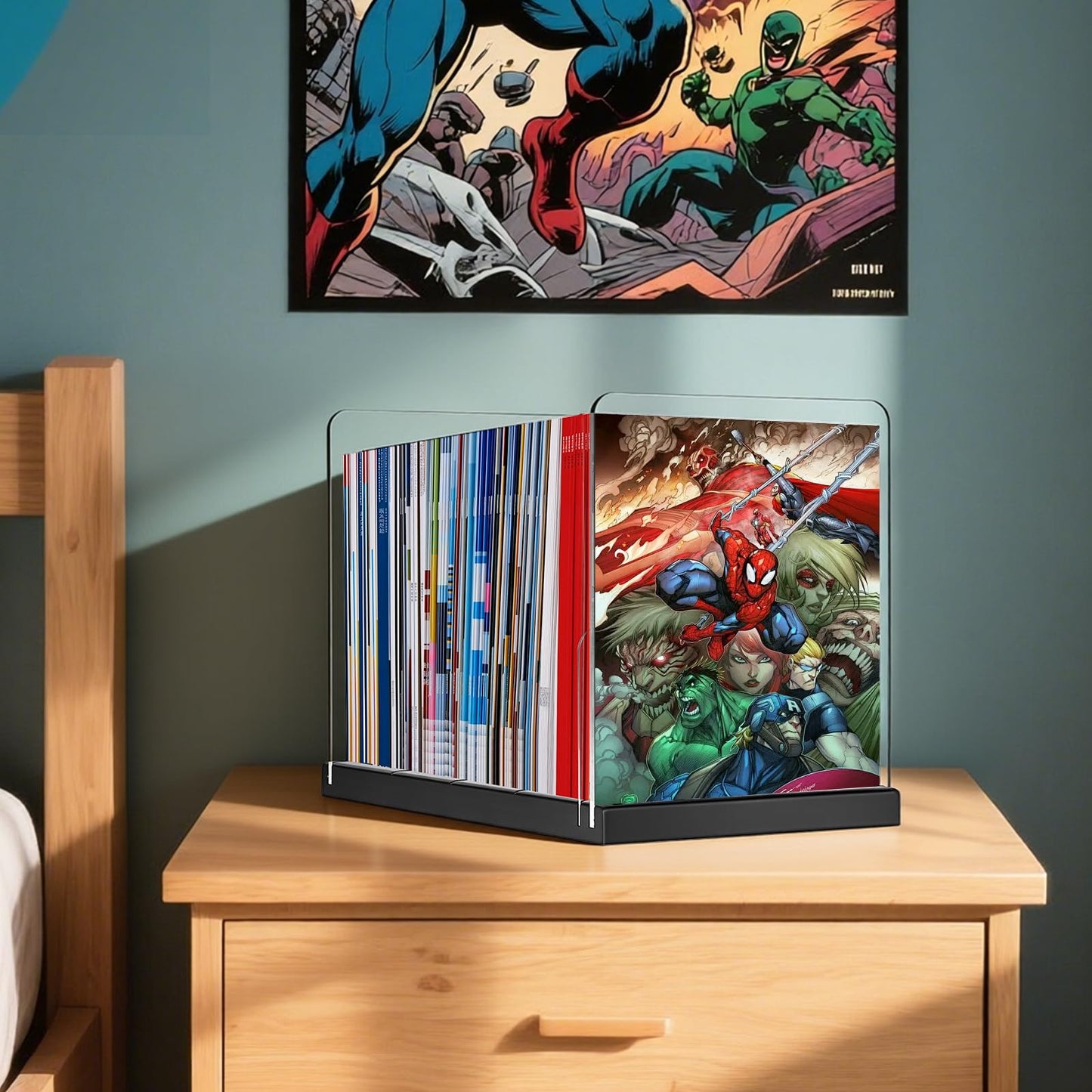 EZFXHD WTER Comic Book Storage Holder，Wood Comic Book Case with three acrylic dividers，Acrylic Comics Book Box，Bin & Organizer，Stores Up To 150 Comics (Black)