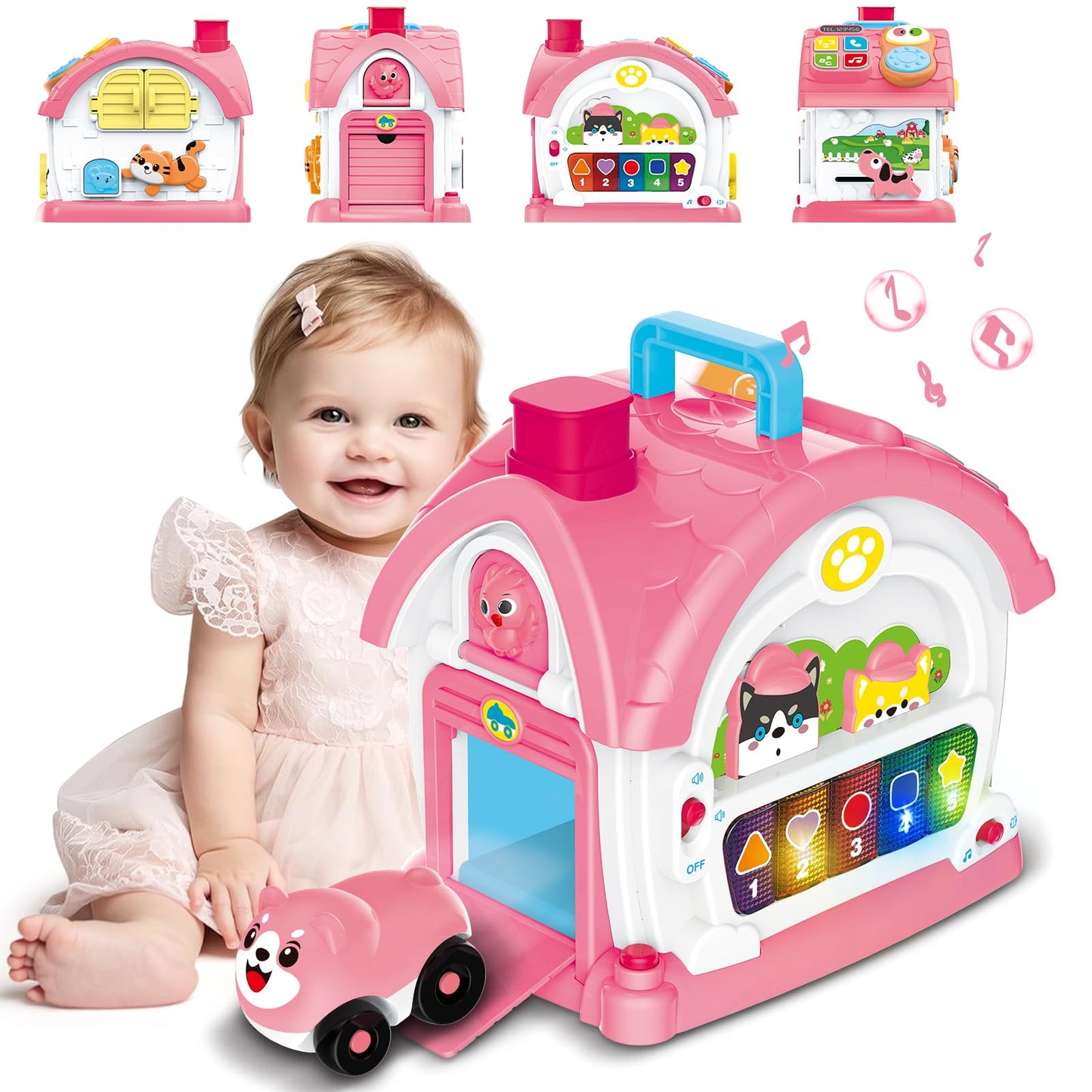 DELUTIQUE - Learning Toys for 1 Year Old Girls, 8 in 1 Sensory Toy for Toddlers, Musical House with Play Phone, Mirror, Piano, Montessori Toy for Baby 12-18 Months