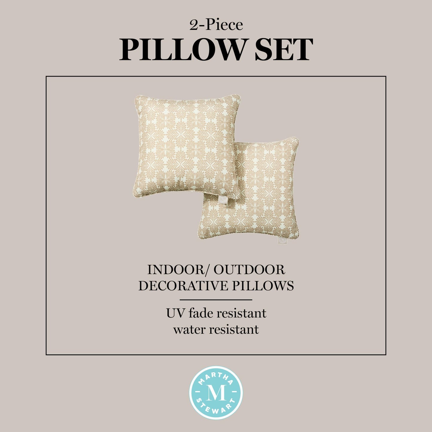 Martha Stewart Tulum Indoor Outdoor Decorative Pillow 2-Pack Set, UV Fade Resistant, Water Repellent, Printed Modern Design, Taupe, 18"x18"