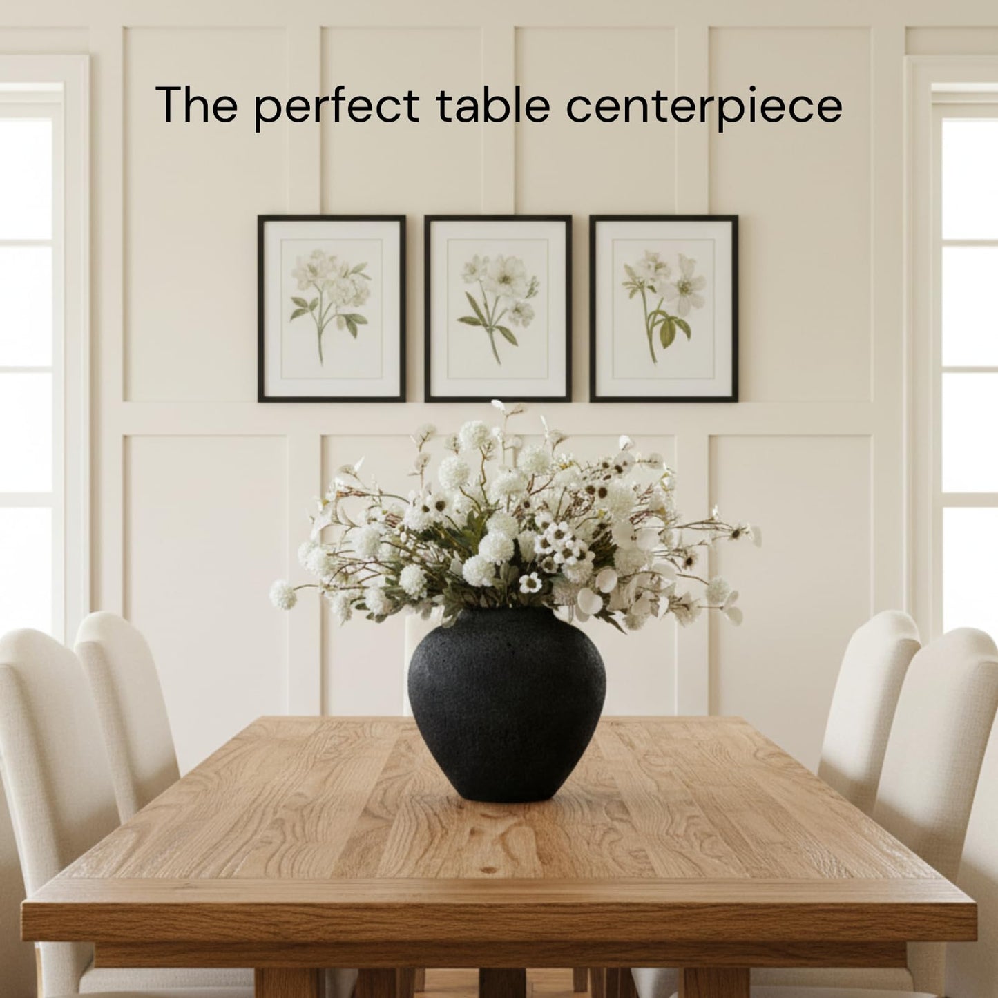 Black Large Round Vase Pottery Look for Home Decor, Arina Black Rustic Vase Modern Farmhouse, Console Table Decor, Earthy Textured Big Black Round Vases for Centerpieces, Jarrones Grandes