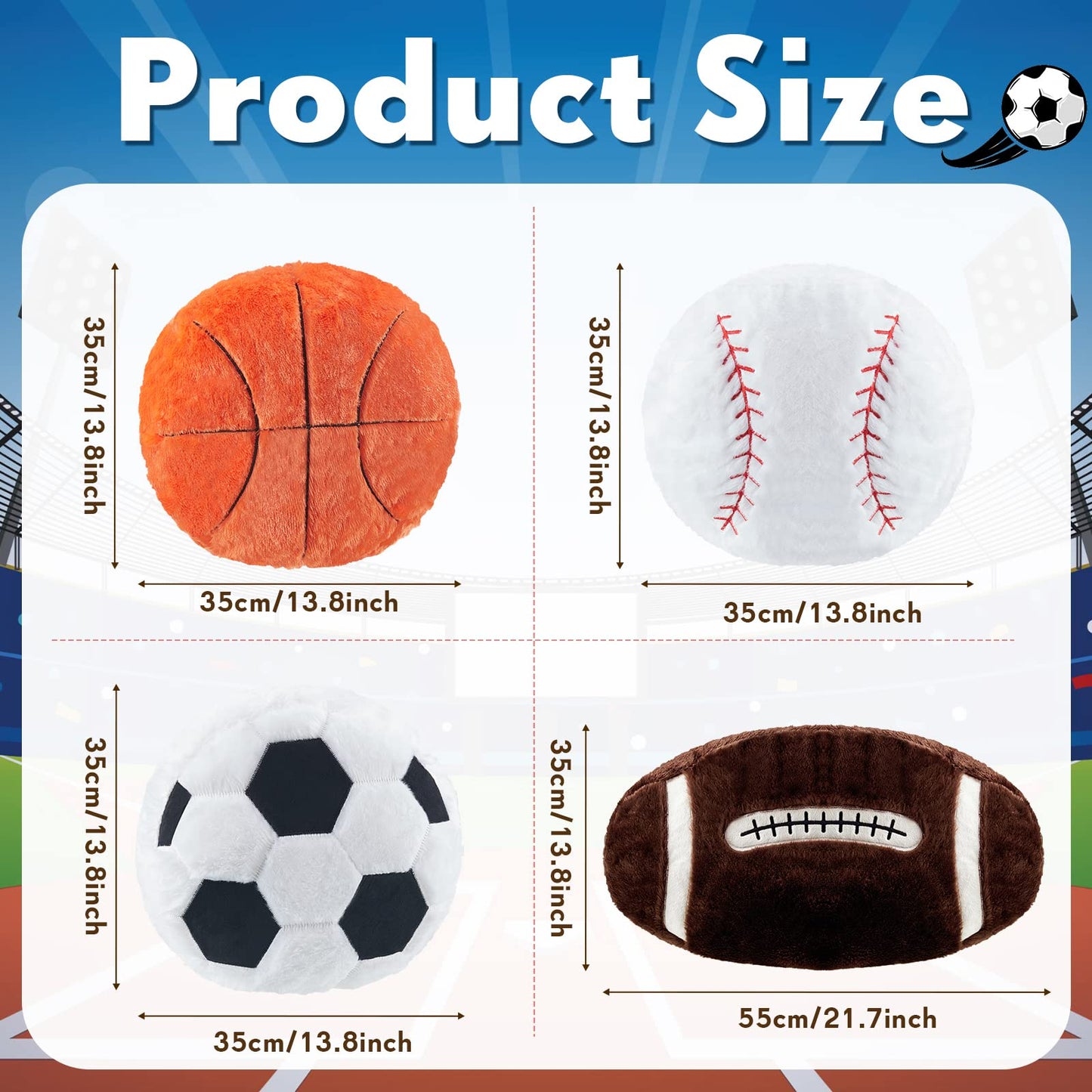 Juexica 4 Pcs Sports Throw Pillows Fluffy Stuffed Soccer Basketball Baseball Pillow Plush Toy Sport Cushion for Room Decor Birthday Present(Medium,Plush)