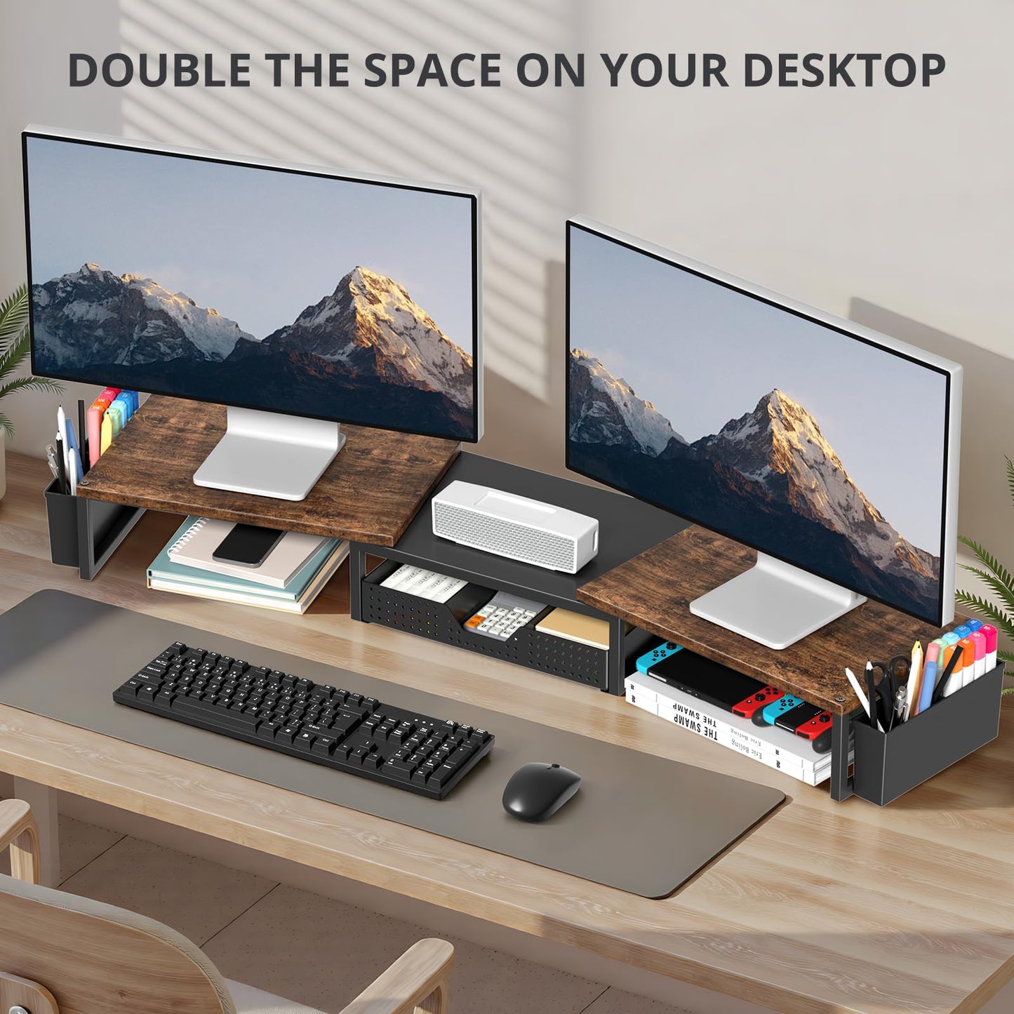 OPNICE Desk Organizers and Accessories, Dual Monitor Stand Riser with Drawer and 2 Pen Holders, Desk Shelf Wood Computer Racks for Office Workspace Organizers, Desktop Organization (Rustic Brown)