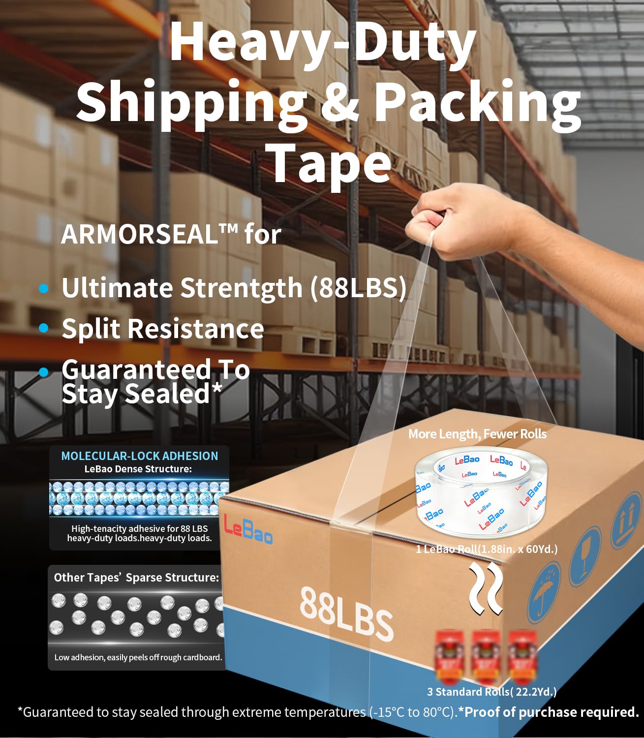LeBao Heavy Duty Packing Tape with Dispenser, Strong HD Clear Packaging Tape, 1.88 in. x 60 yd. x 2.7MiL, Secure Sealing for Cardboard Moving Boxes Shipping Supplies (12-Pack Refill)