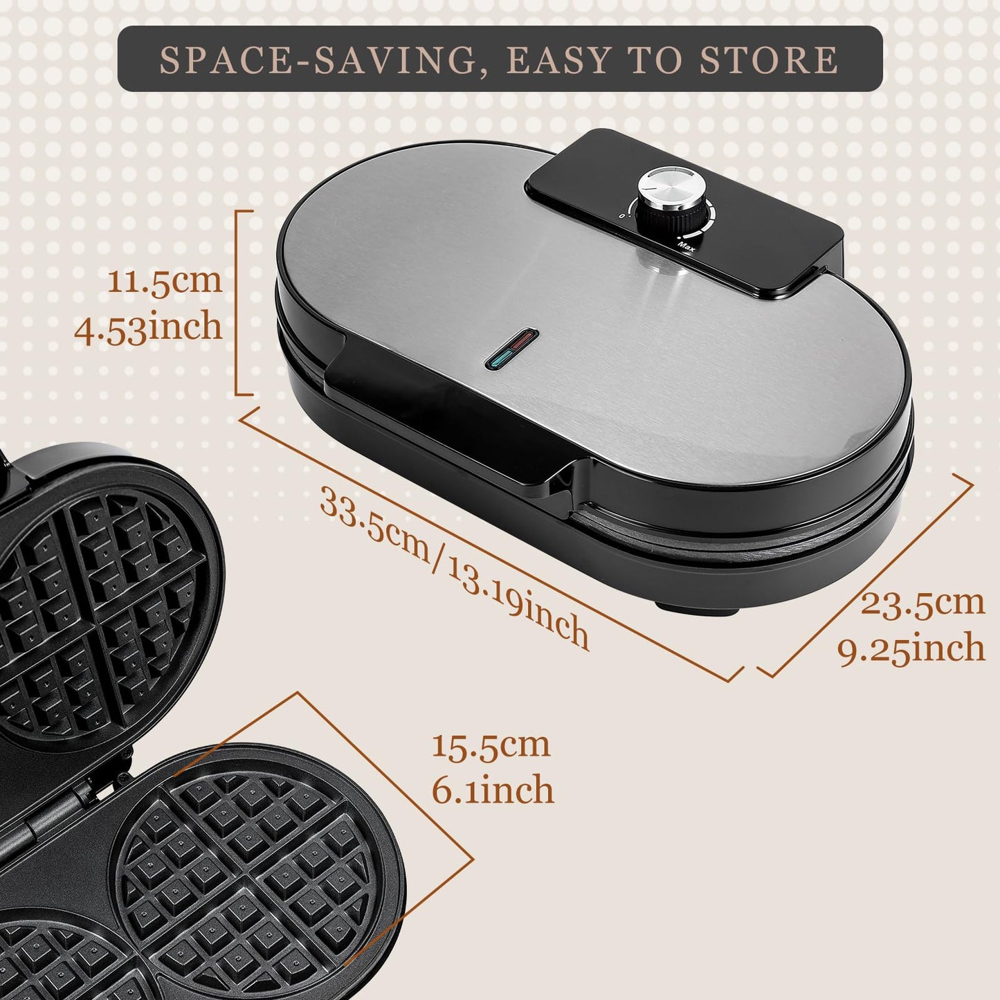 Double Waffle Maker 6 Inch, 1200W Belgian Waffle Maker for Breakfast and Snacks, Makes 2 Personalized Individual Keto Chaffles, Waffle Iron with Nonstick Plates, Temperature Knob, Black
