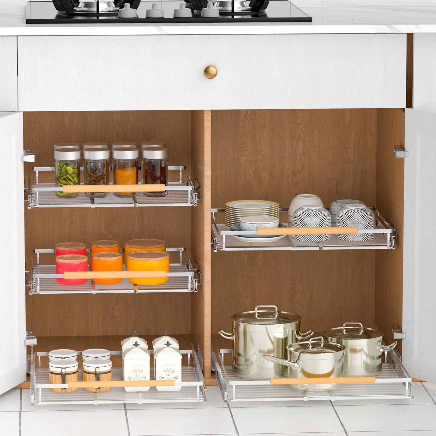 KIKIBRO Pull Out Drawer Cabinet Organizer, Expandable Slide Out Storage Shelves - Heavy Duty, Durable and Smooth Slide-Out, Opening Size Required 16.3"~26.3" 2 Pack