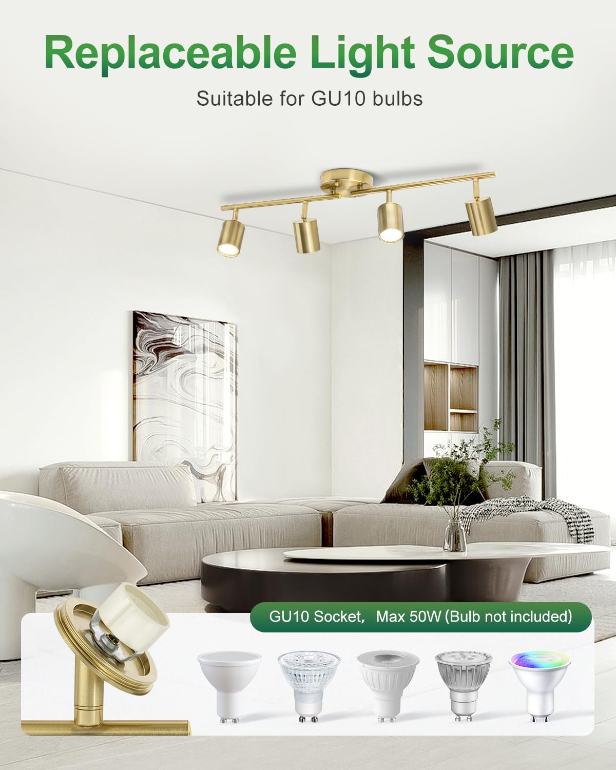 Fondiiz 4 Ways Track Lighting, Rotatable Heads Tracks Light, Track Lightings Fixtures Ceiling with Foldable Arms, Brushed Gold Tracks Light for Kitchen, Living Room, Hallway(Bulbs Not Included)