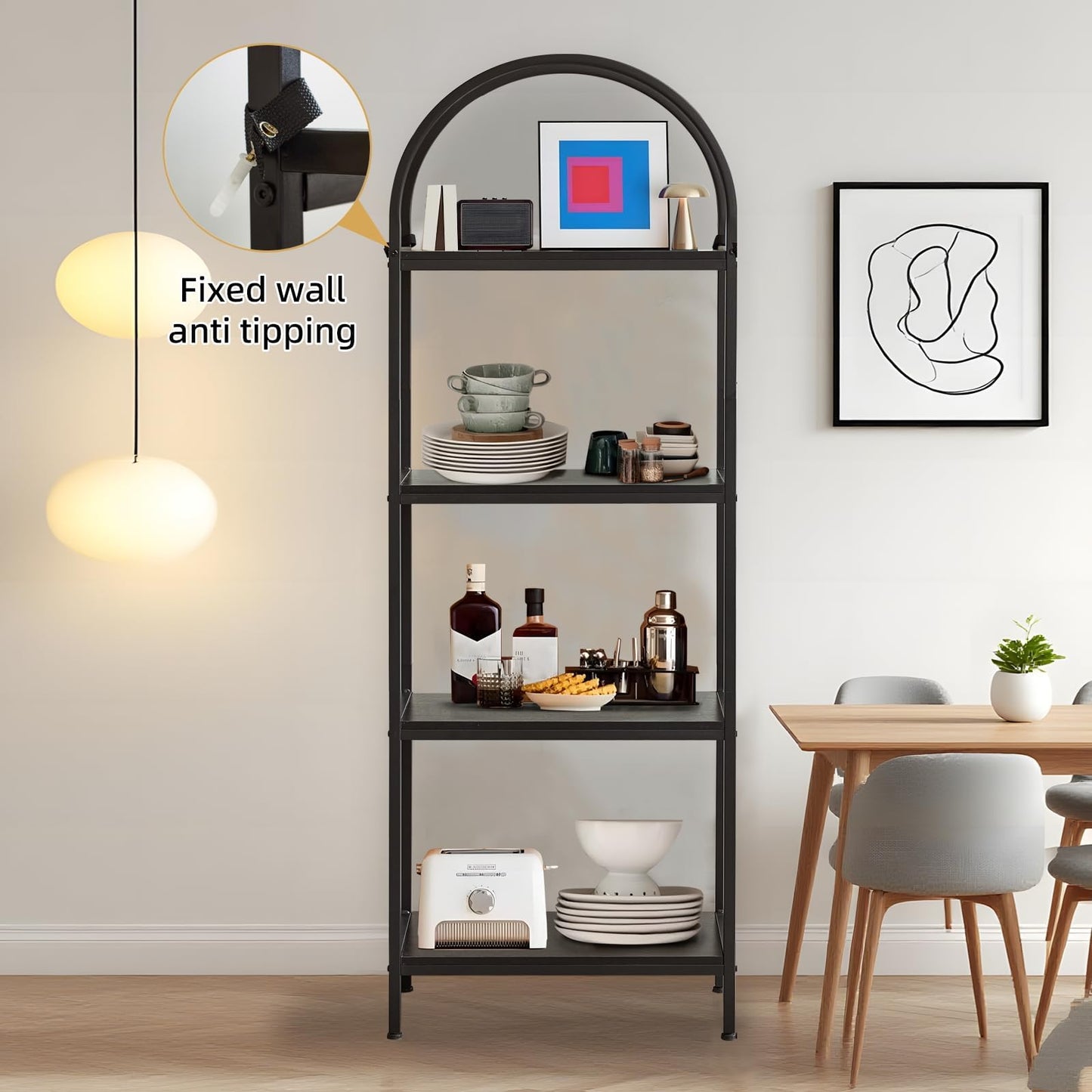 IDEALHOUSE Bookshelf 4 Tier,Arched Display Racks,Tall Shelf for CDs/Books, Modern Storage Rack Shelf Large Wood Book Shelf for Bedroom, Living Room, Home Office