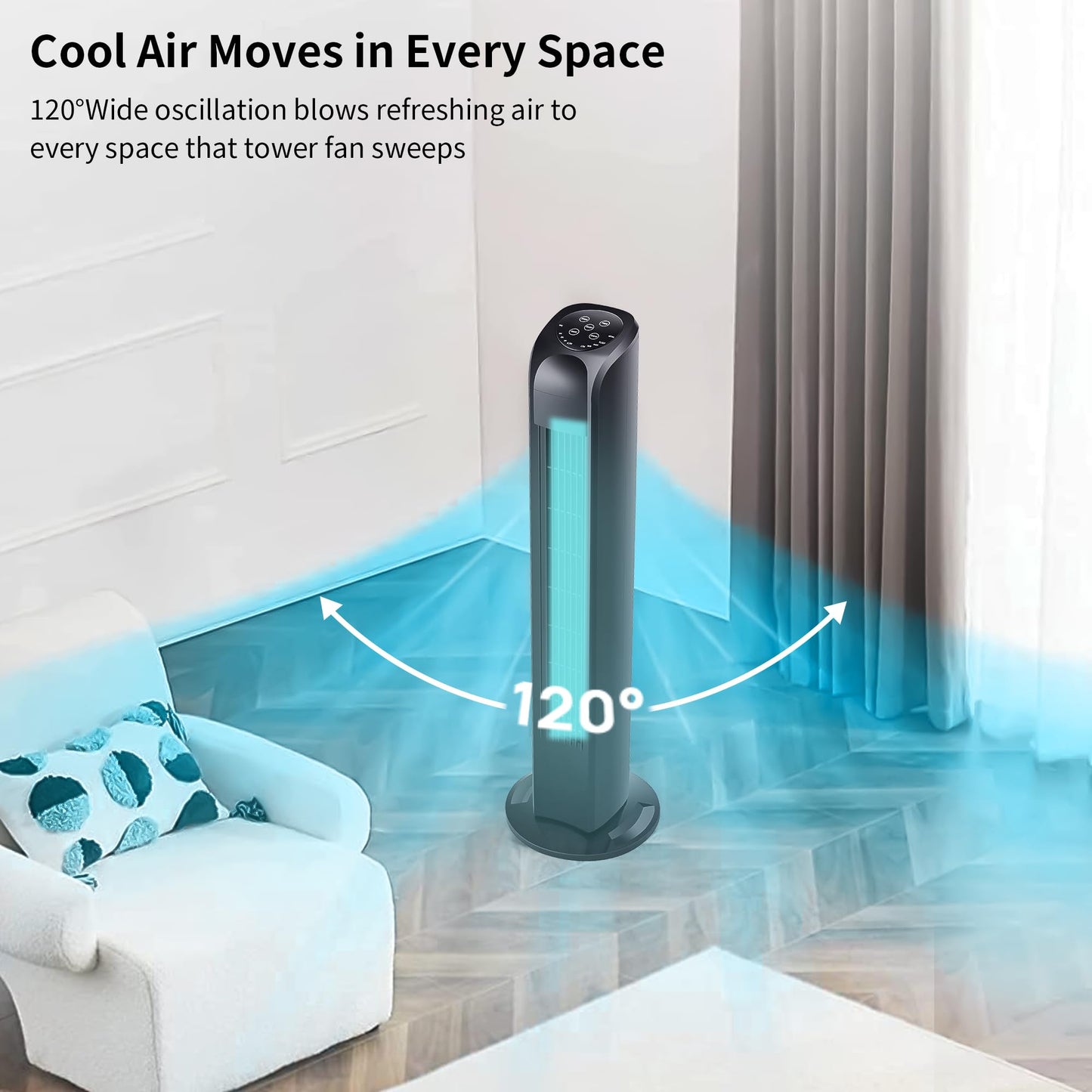 Uthfy Oscillating Tower Fan for Bedroom, Portable Standing Fan with Remote, 3 Modes 3 Speeds, 7.5H Timer, 120° Quiet Cooling for Living room, Office, Black