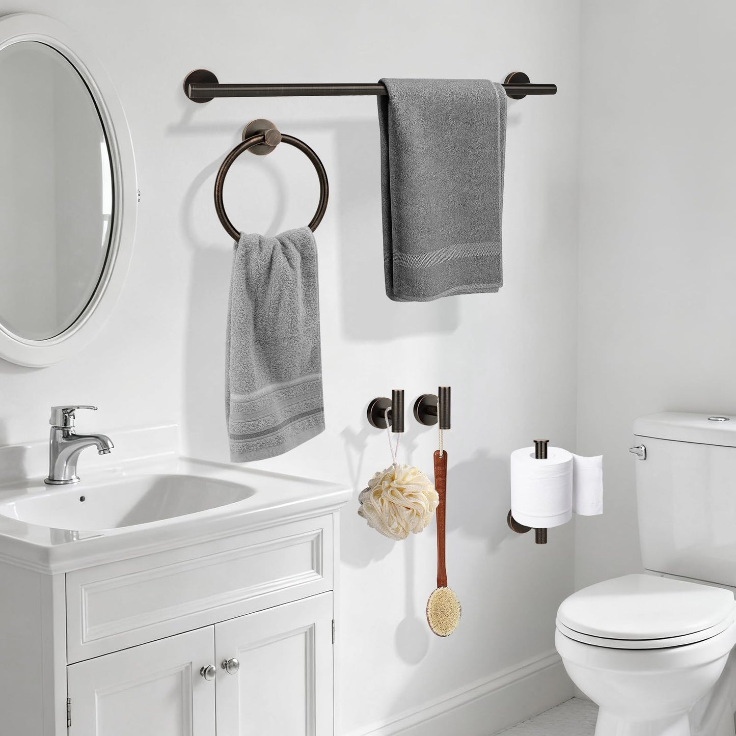 Ntipox Oil Rubbed Bronze Bathroom Hardware Accessories Set 5 Piece, Stainless Steel Towel Bar Set 24 Inch,Toilet Paper Holder,Towel Ring Holder,Towel Rack Set,Brushed Bronze Bathroom Accessories Kit