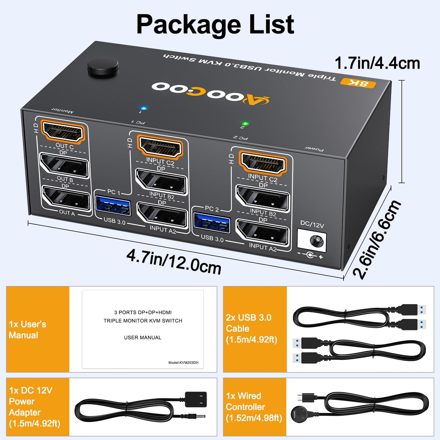 8K@60Hz HDMI2.1 Displayport KVM Switch 3 Monitors 2 Computers 4K@144Hz Triple Monitor KVM Switches with USB 3.0 Port,Wired Remote,Power Adapter and USB3.0 Cables(12cm 2 PC 3 Monitor 8K KVM)