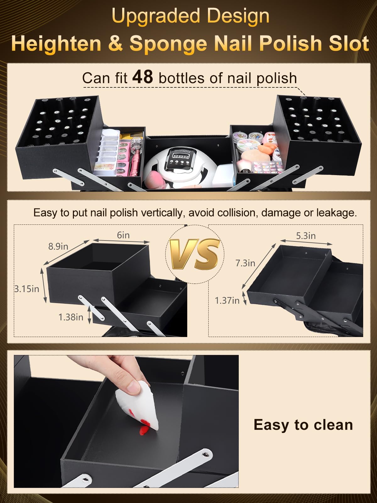 Deciniee Large Makeup Travel Train Case, Upgraded Plus Size Nail Supply Organizers and Storage for Nail Tech, Black 4 Tier Cosmetic Train Case Makeup Box, Nail Polish Makeup Organizer and Storage Bag