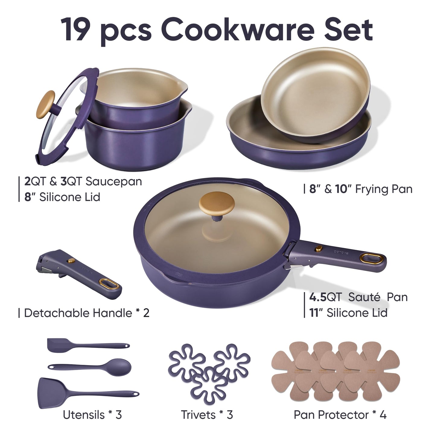 CAROTE 19 Pcs Pots and Pans Set, Nonstick Cookware Sets with Detachable Handle, Purple Dishwasher Safe, Oven Safe, Cookware Non Stick Cooking Set w/Frying Pans & Saucepans(PFOS, PFOA Free)