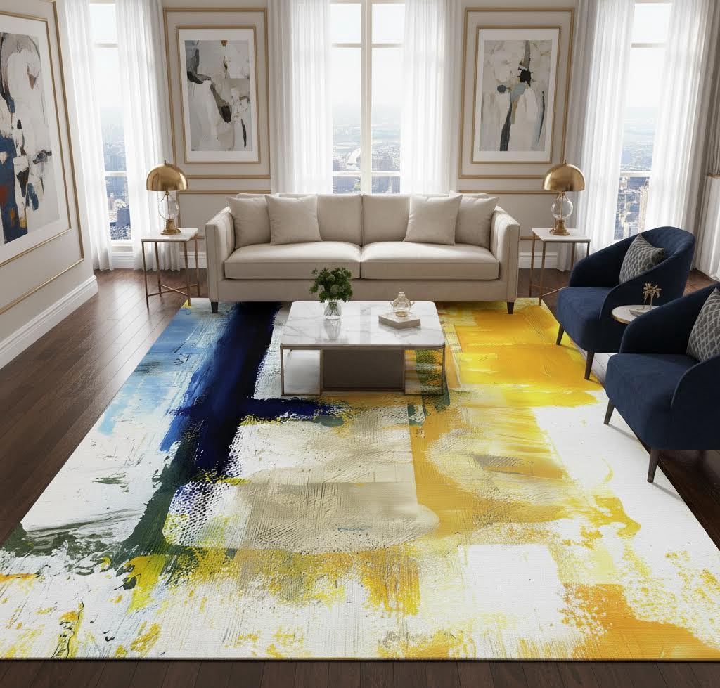 Mamatong Contemporary Modern Abstract Blue Yellow Vibrant Area Rug 5x7 Ultra Soft Wool Aesthetic Rug for Living Room Bedroom Dining Office Art Deco Floor Rug Kitchen Hallway Runner