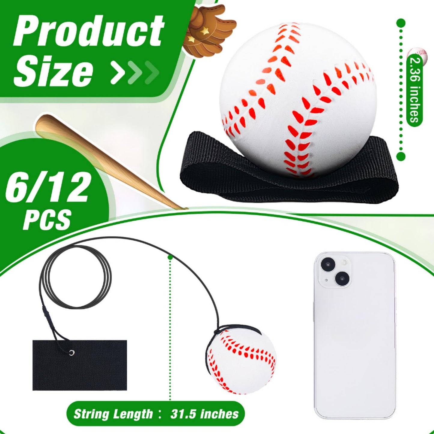 12 Pcs 2.36 Inch Sports Wrist Balls Baseball Ball Wristband Toys Rebound Ball Rubber Baseball Wrist Return Ball on a String for Wrist Exercise Nice Gift Party Favor Toy