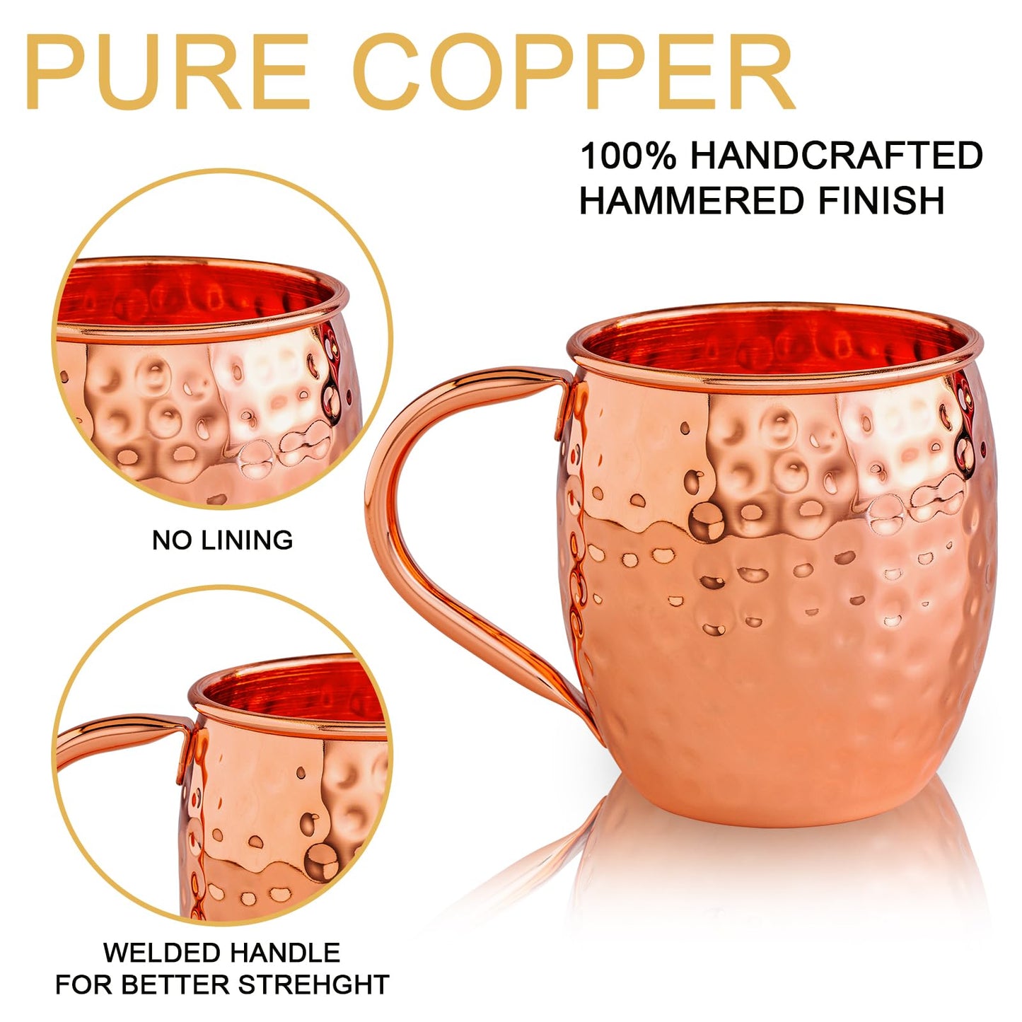 UNISWEET Moscow Mule Copper Mugs-100% Pure Copper Handmade, Classic Welding Handles, 16oz for Drinking, Premium Moscow Mule Copper Cups Set of 4 for Cold Drinks Cocktail Beer Wine Party Bar