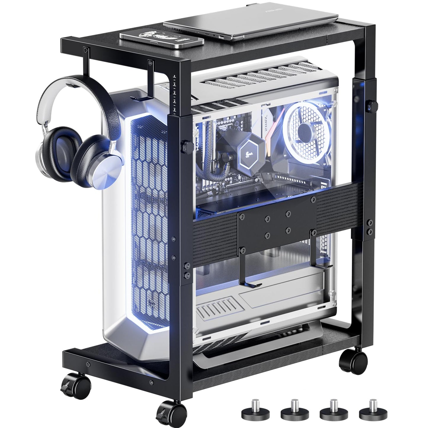 Computer Tower Stand - Height Adjustable PC Tower Stand CPU Holder Cart with Locking Wheels and 4 Hooks for Home Office, 23.03"-28.3" H, Black