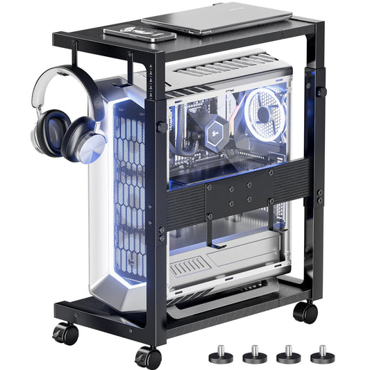 Computer Tower Stand - Height Adjustable PC Tower Stand CPU Holder Cart with Locking Wheels and 4 Hooks for Home Office, 23.03"-28.3" H, Black