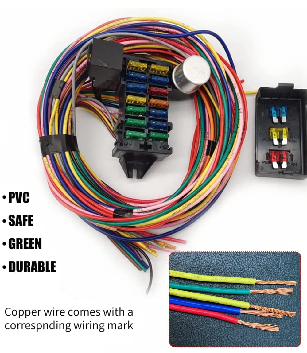 WZruibo Wiring Harness 14 Circuit Universal,Circuit Wiring Harness Kit 14 Fuse for Street Muscle Car, Hot Rod Wire Harness 12-14 Circuit Street Rod