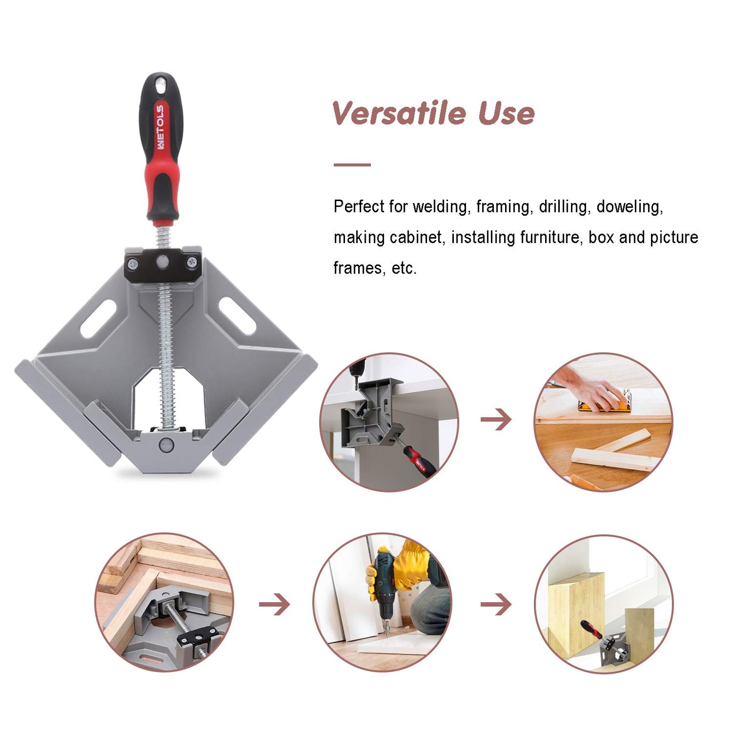WETOLS Corner Clamp 4pcs - 90 Degree Right Angle Clamp - Single Handle Corner Clamp with Adjustable Swing Jaw Aluminum Alloy, Photo Framing, Tools for Men Gifts- WE709