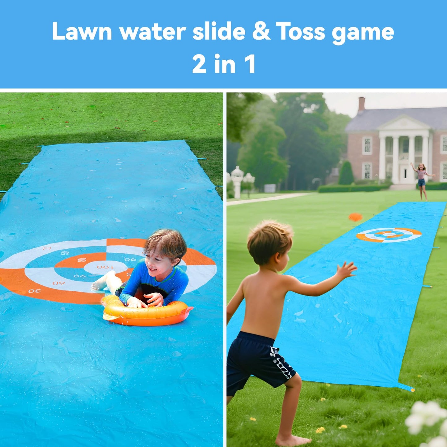 2 in 1 Slip Water Slide and Toss Game, 40FT Slip Lawn Water and Slide for Kids Adults, Summer Outdoor Toy with 2 Bodyboards&6 Water Bags, Backyard Water Toy for Kids Ages 4 6 8 10