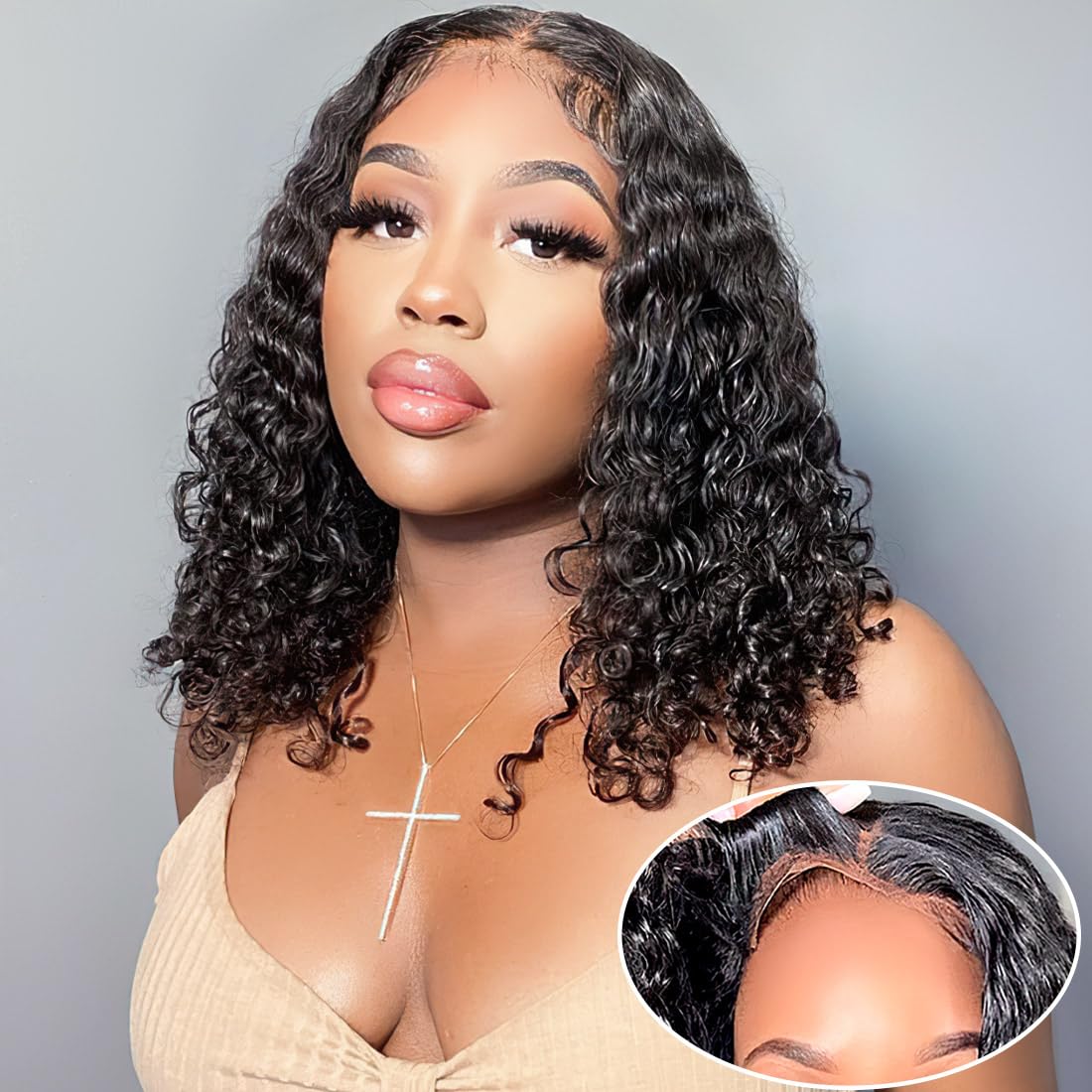 Xinjiju Wear and Go Glueless Wigs Human Hair Pre Plucked Pre Cut 6x4 Short Curly Bob Lace Front Wigs for Black Women Natural Hairline Water Wave Lace Front Wigs 200% Density 14 Inch