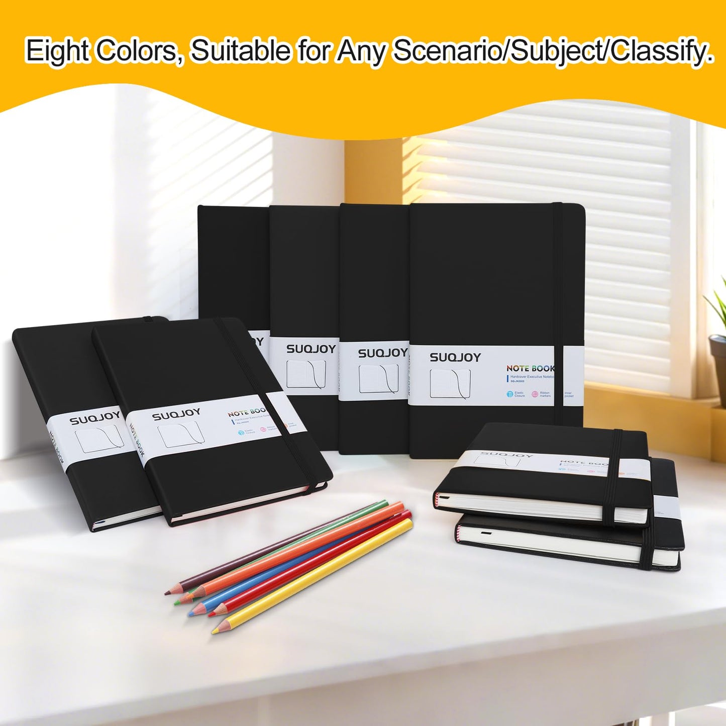 SUQJOY Lined Journal Notebooks for Writing, 100 GSM Thick Paper, 8 Pack Hardcover Notebooks, A5 College Ruled Notebook, Journaling Notebook for School/Travel/Office (Black- 8 Pack)