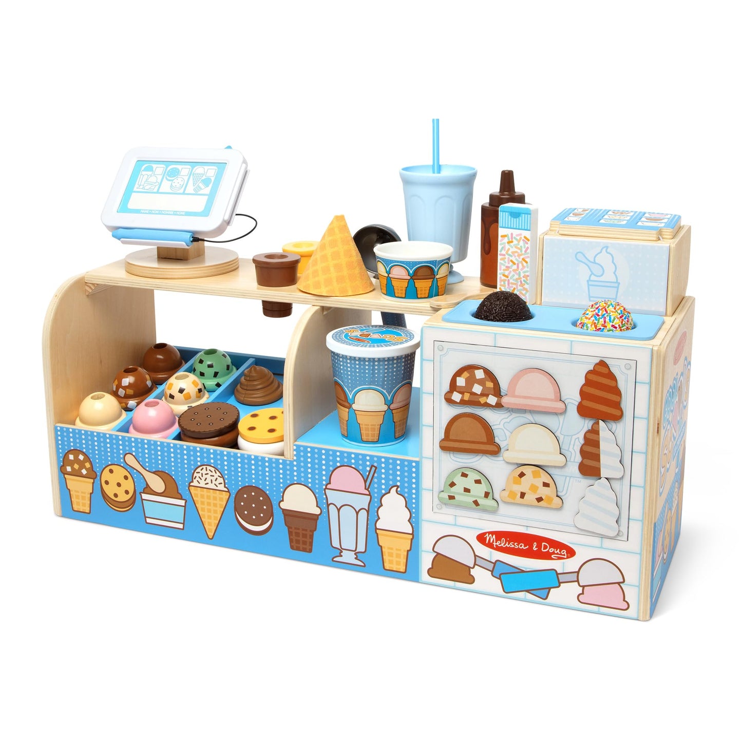 Melissa & Doug Cool Scoops Ice Creamery Wooden Counter with Play Food Preschool Toy - FSC CertifiedWooden Pretend Play Frozen Treats for Toddlers, Preschoolers, Boys and Girls
