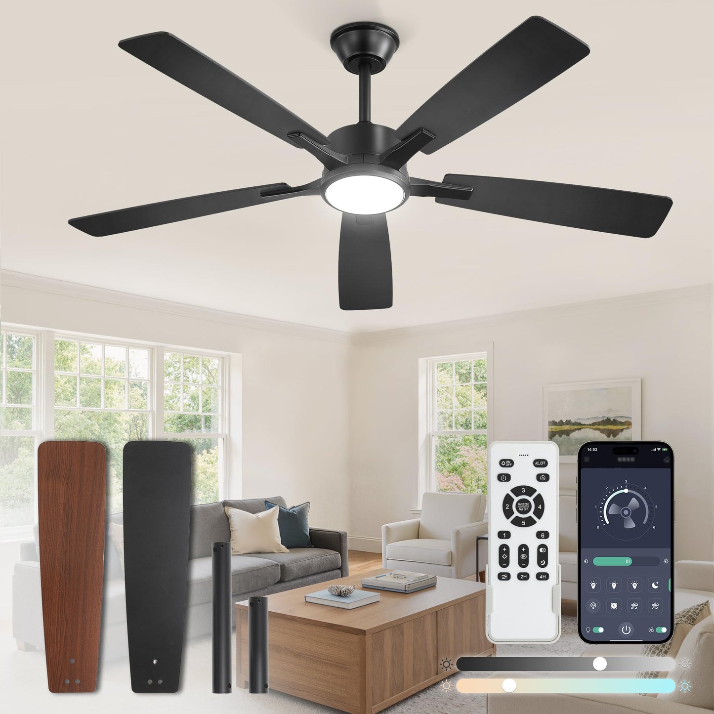 Fanbulous 52 Inch Ceiling Fans with Lights and Remote, Stepless Color Temperature Change & Dimmable 20W LED Ceiling Fan, 6 Speeds Reversible Quiet DC Motor for Bedroom, Living Room, Apartment, Black