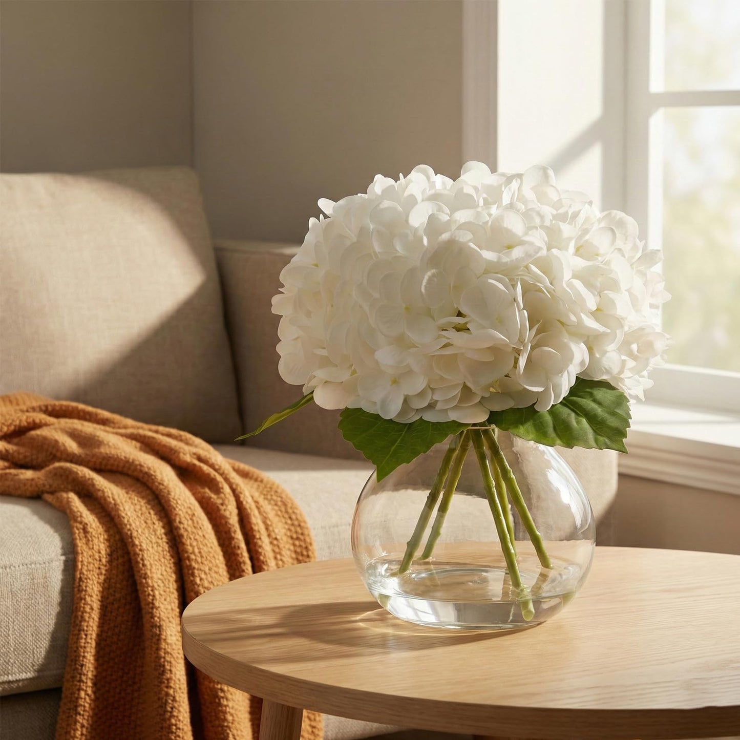 AMORISE Real Touch Artificial Hydrangea in Vase,Premium Faux Flowers with Faux Water for Home Decoration,Coffee,Table,Wedding,White Fake Hydrangea with Vase for DIY Floral Arrangements